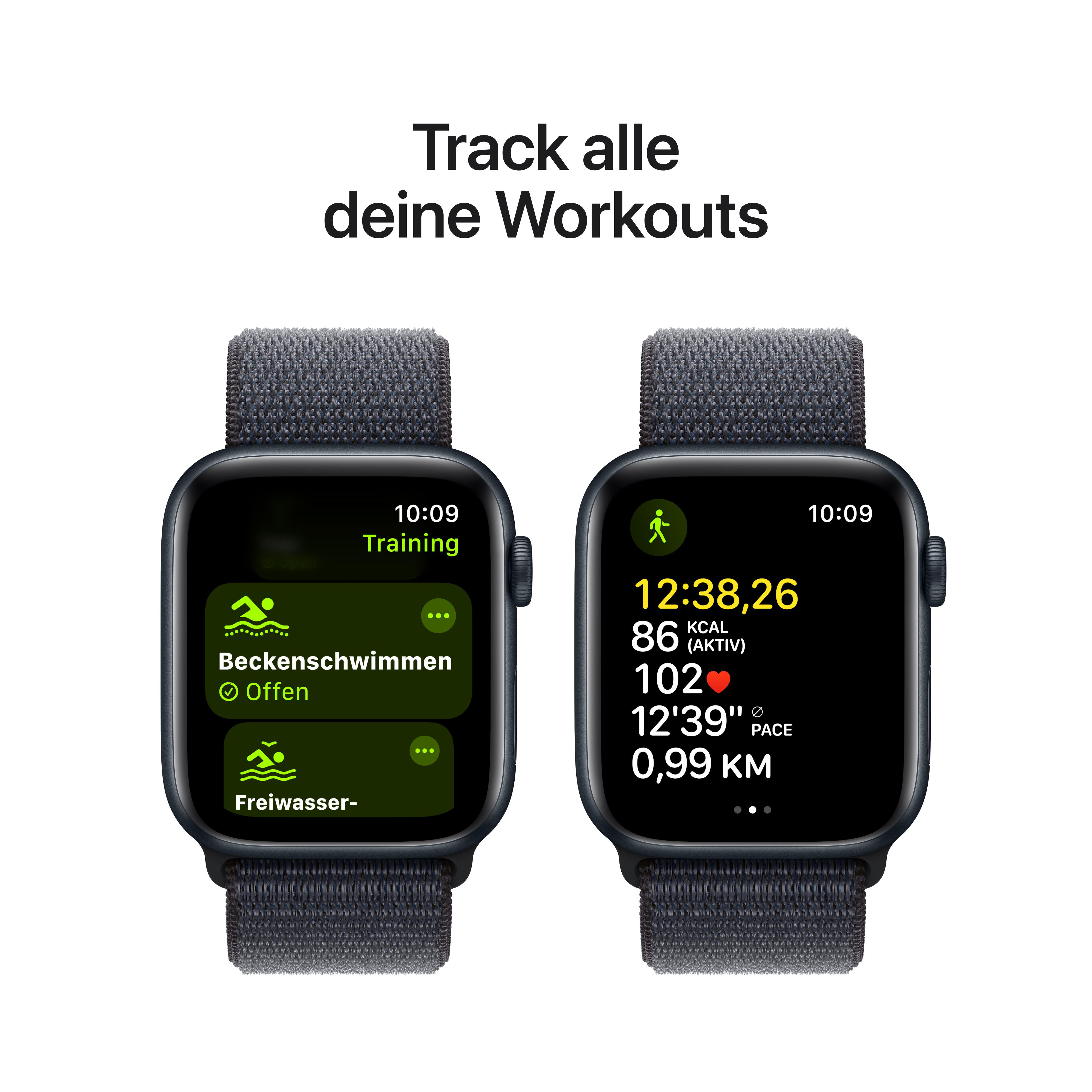 Zwei Apple Watches zeigen Workouts. Eines zeigt Schwimmen, das andere Aktivitätsmetriken wie Zeit und Tempo.