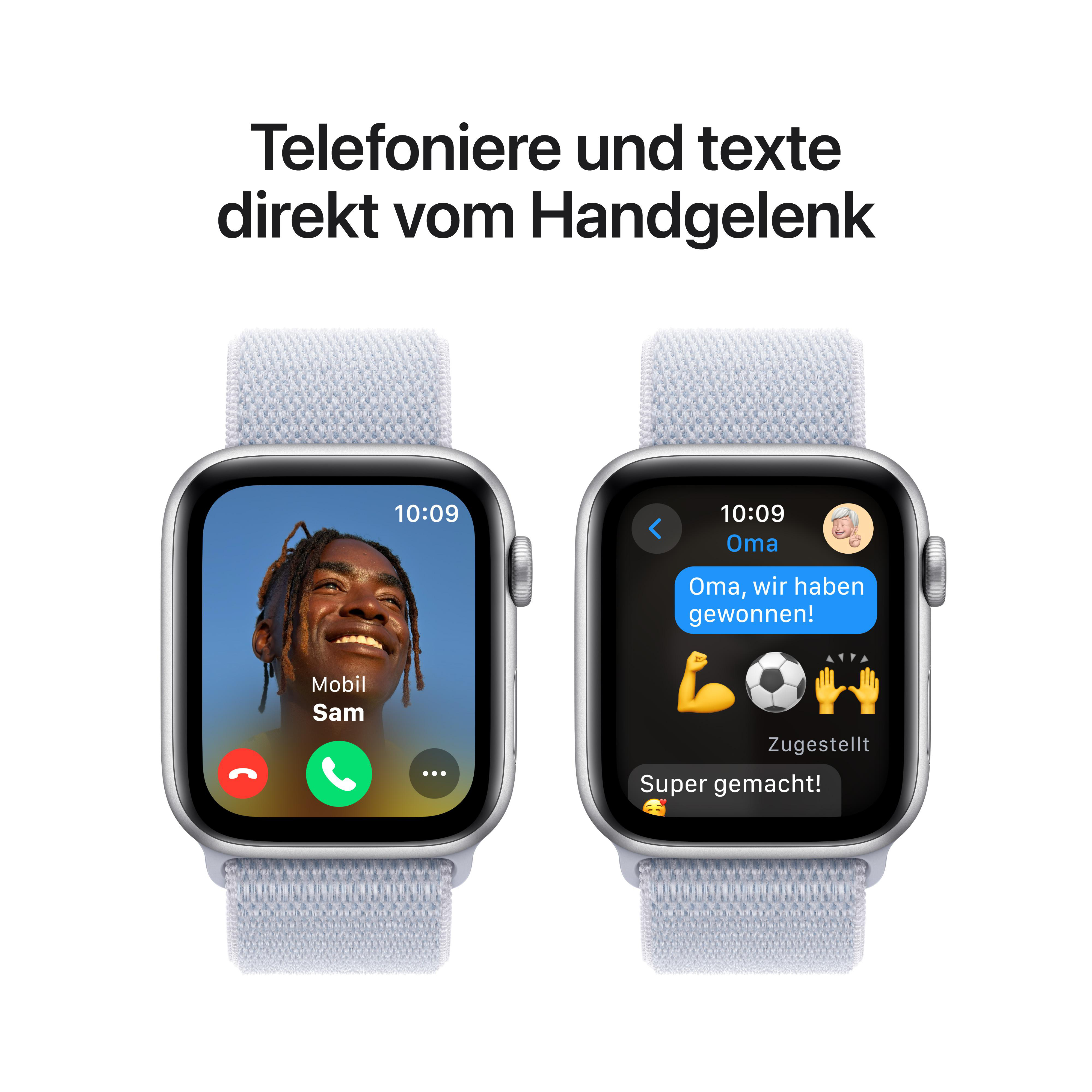 Zwei Smartwatches auf weißer Oberfläche. Beide Displays zeigen einen Anruf und eine SMS.