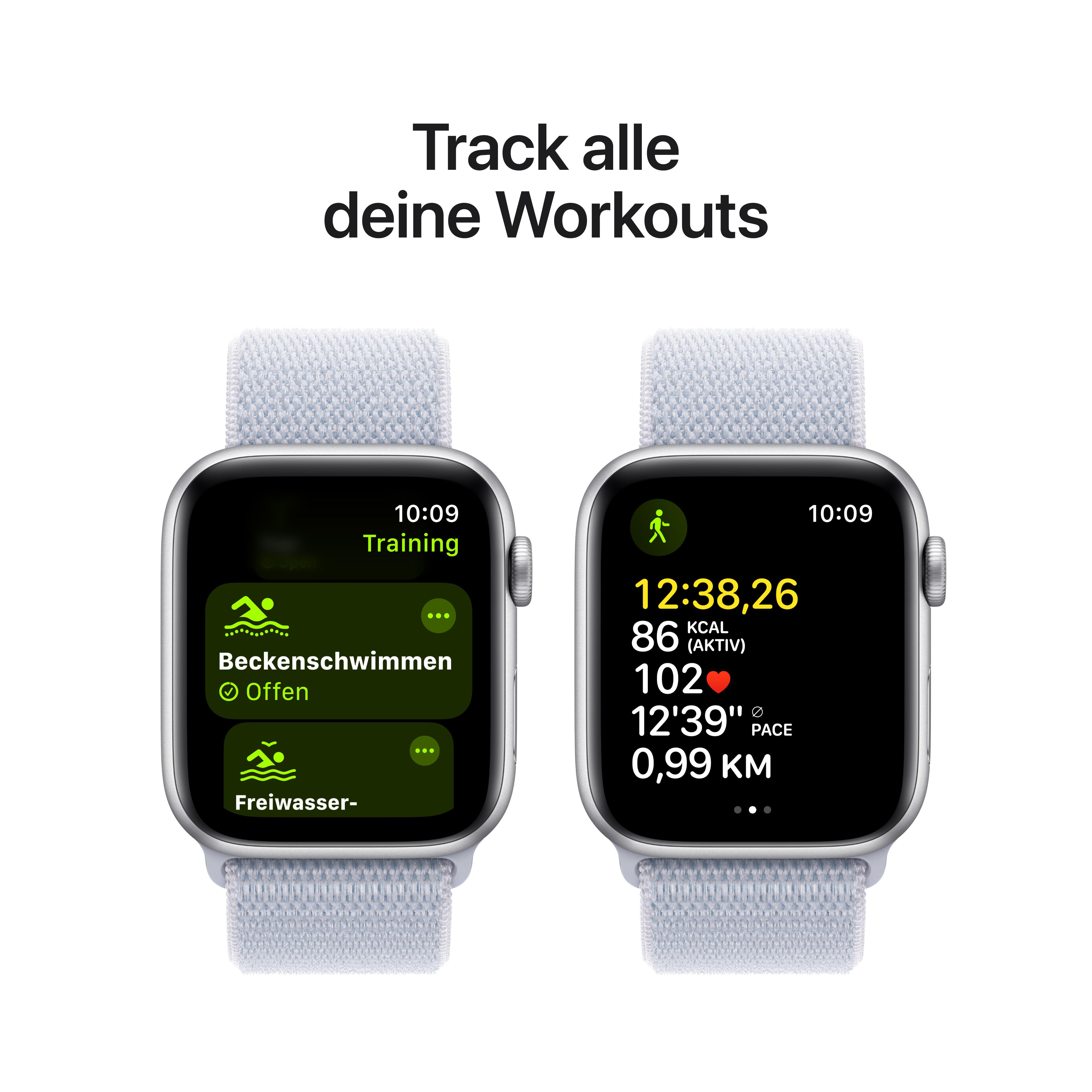 Zwei Smartwatches mit Trainingsdaten. Eine zeigt Schwimmen, die andere Zeit, Kalorien und Distanz.