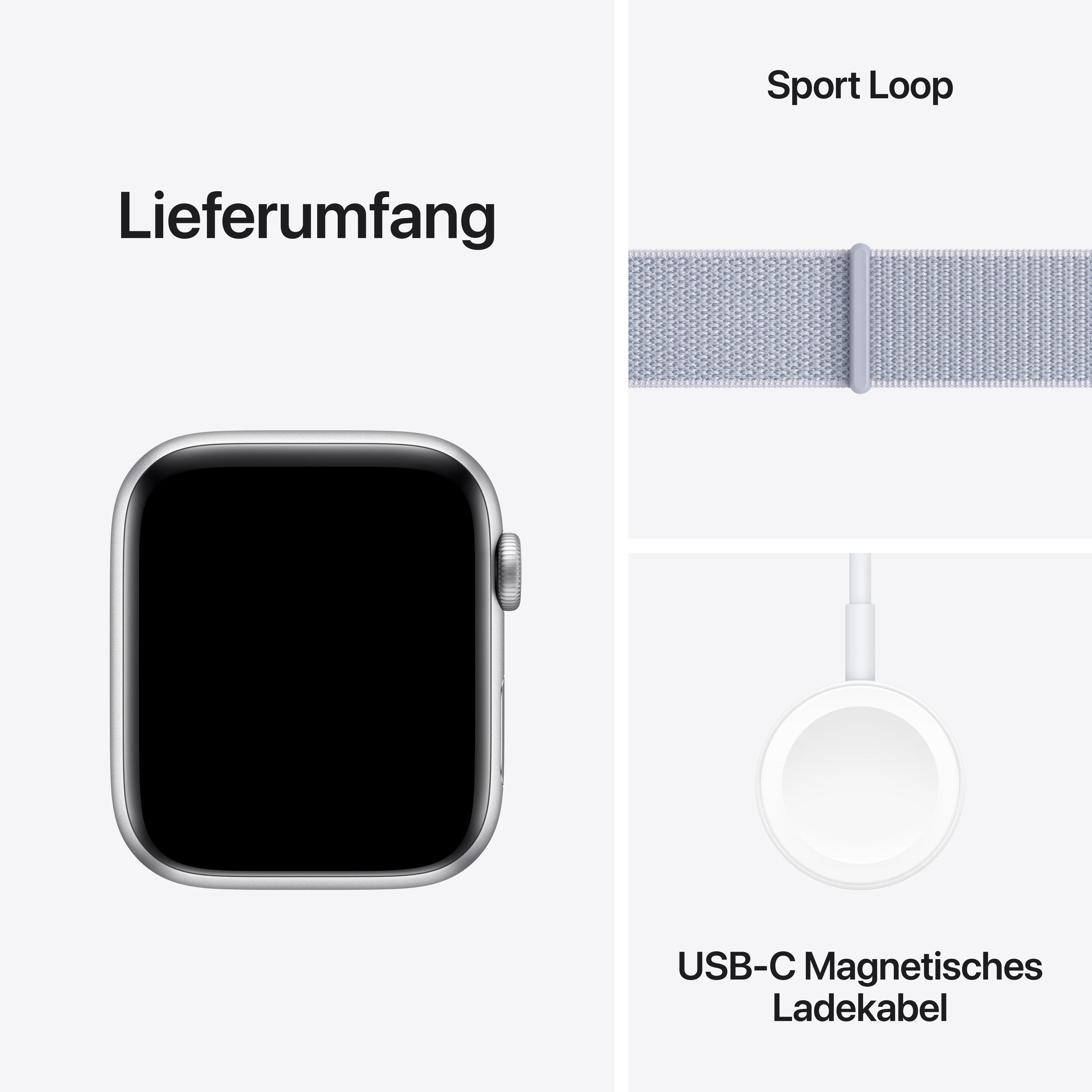 Eine Apple Watch, ein Sport Loop-Band und ein magnetisches USB-C-Ladekabel.