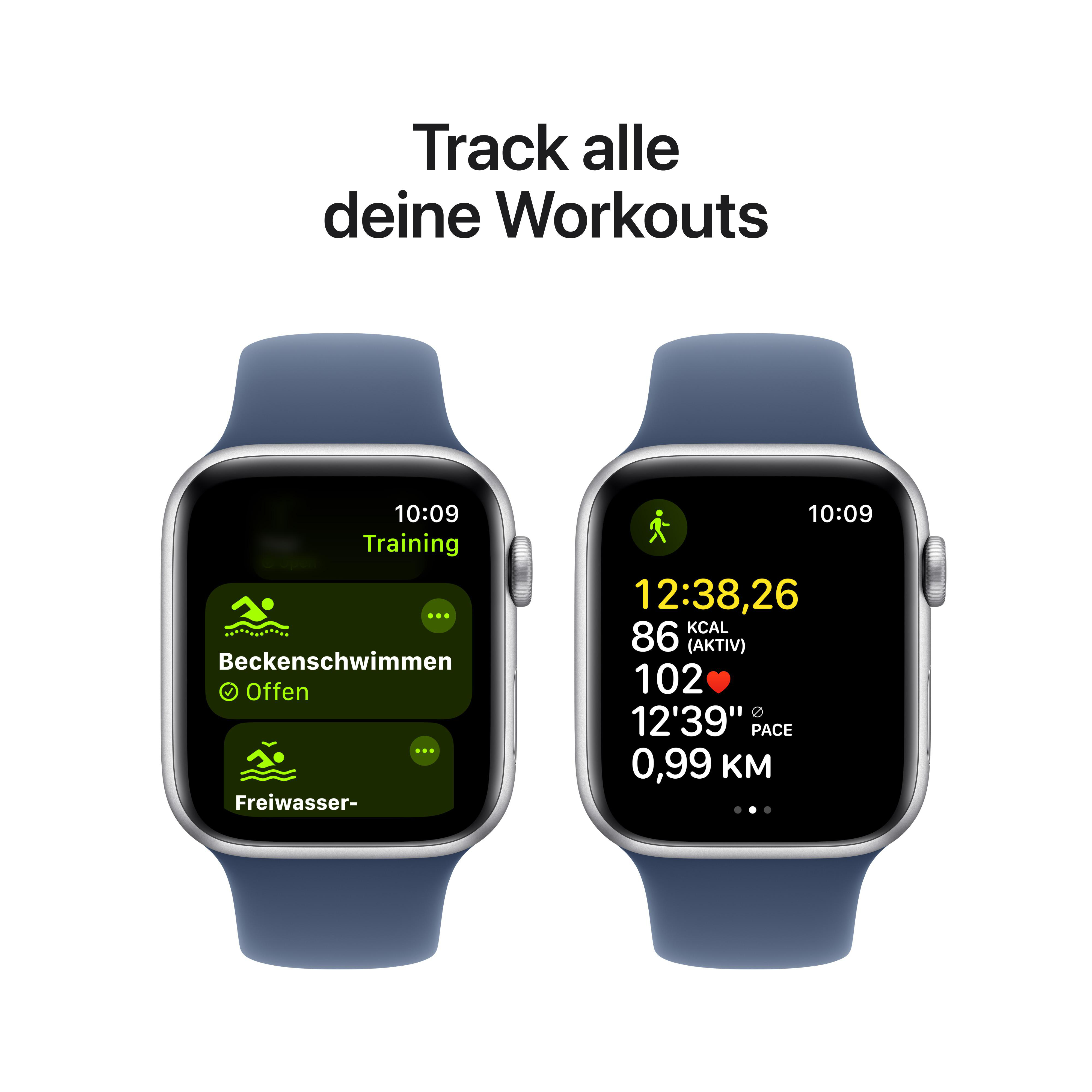Zwei Apple Watches zeigen Trainingsdaten; Schwimmen und Aktivitätsmetriken.
