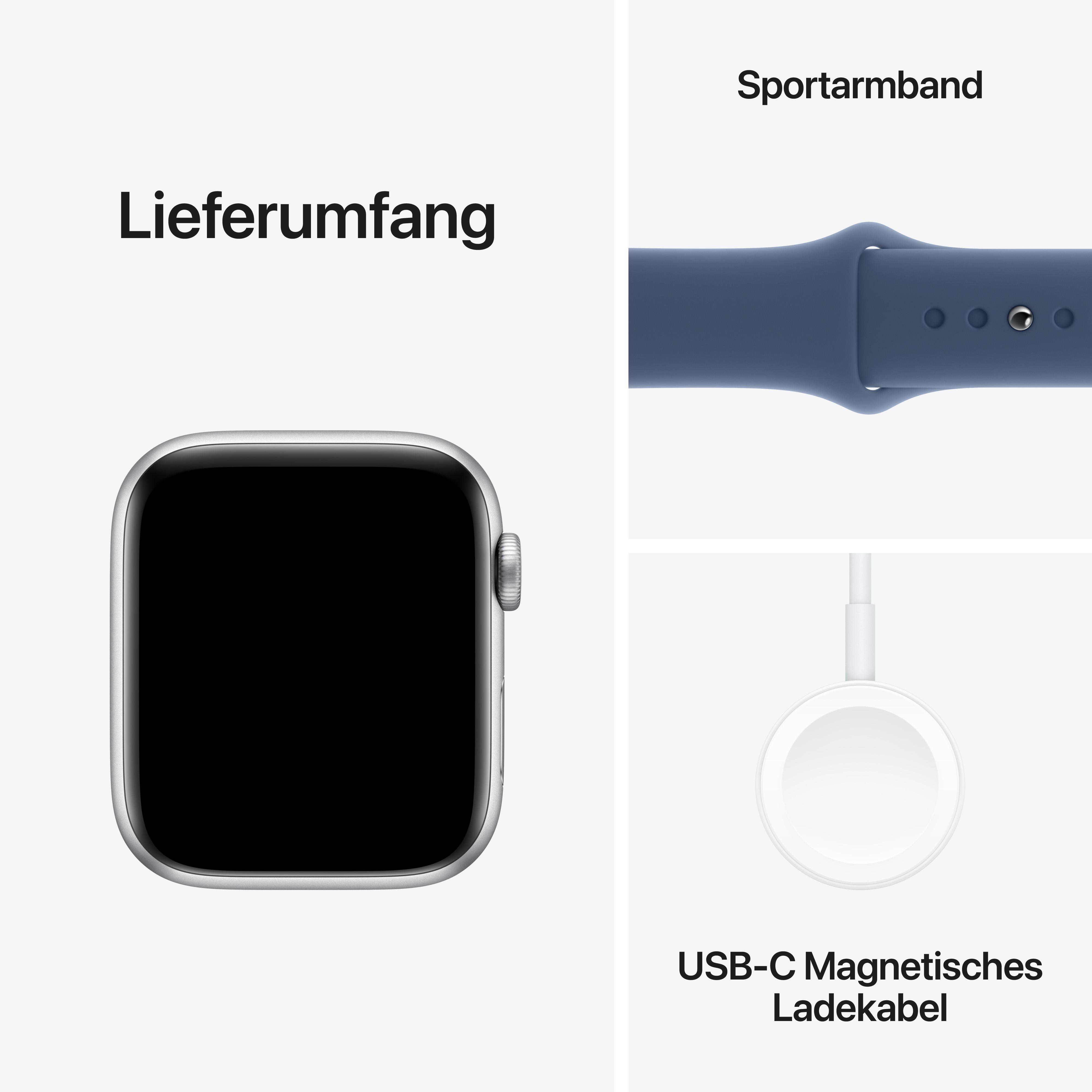 Smartwatch mit Armband, Ladekabel und Stecker. Das Armband ist blau.