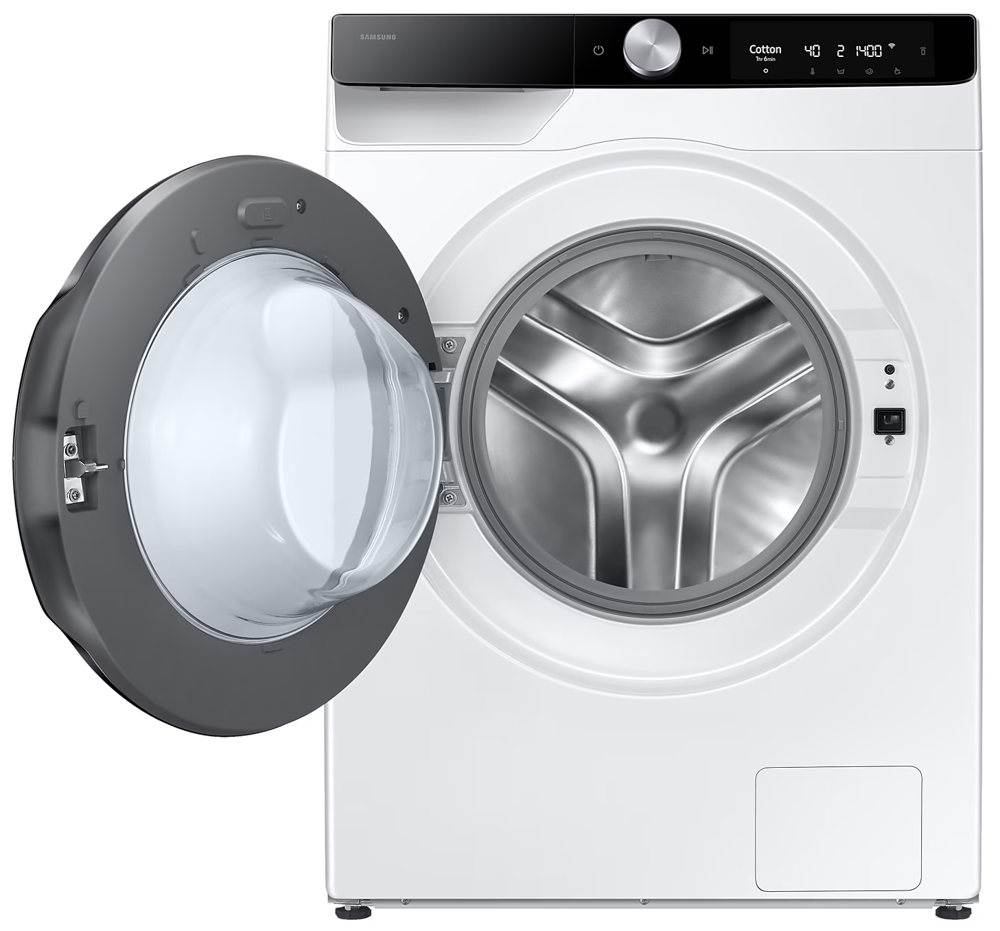 Biała pralka Samsung z otwartymi drzwiami, widoczny bęben.