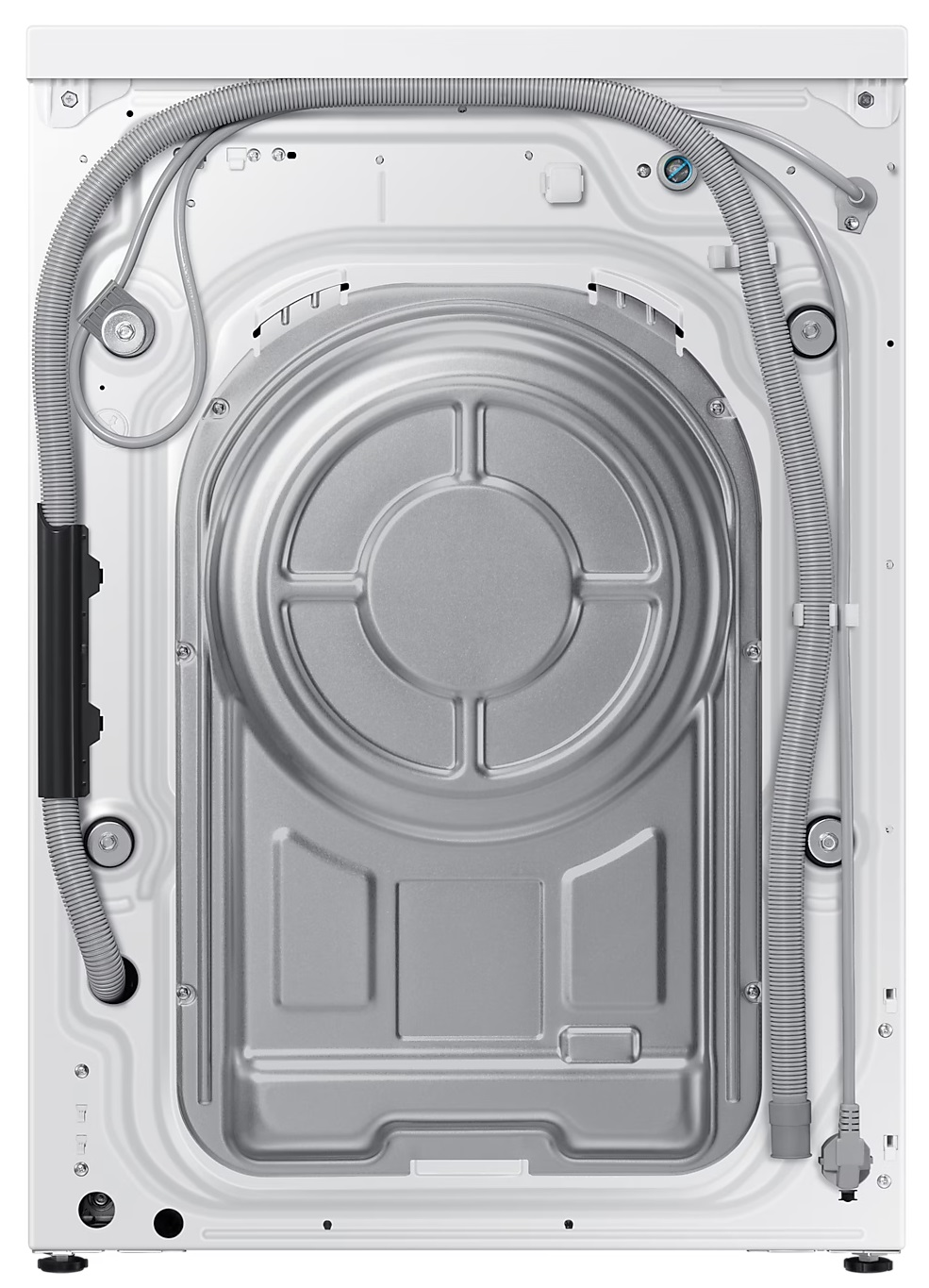 Tył białej pralki, pokazujący węże, metalowy panel i różne elementy.