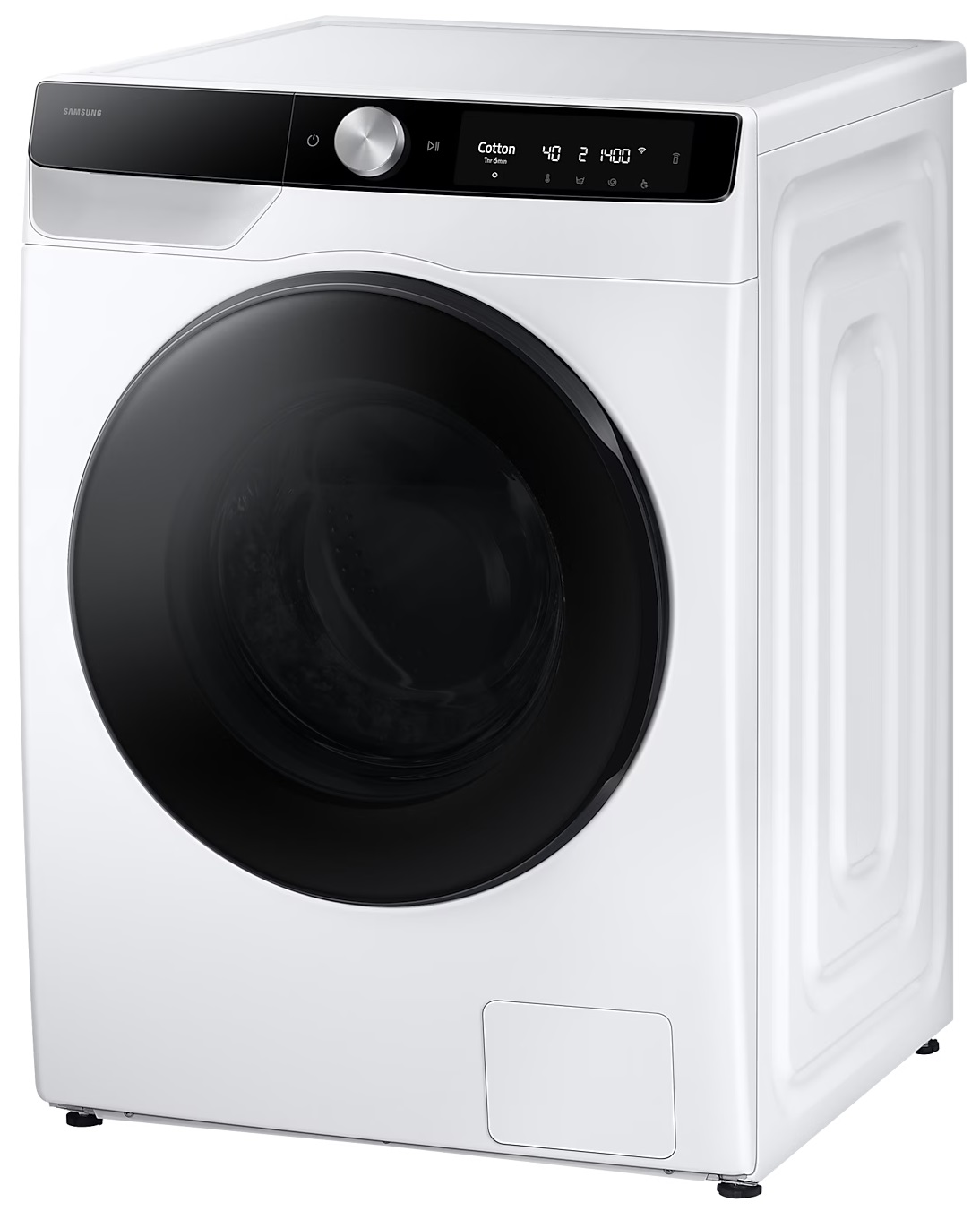 Biała pralka Samsung z czarnymi drzwiami i panelem sterowania, białe tło.