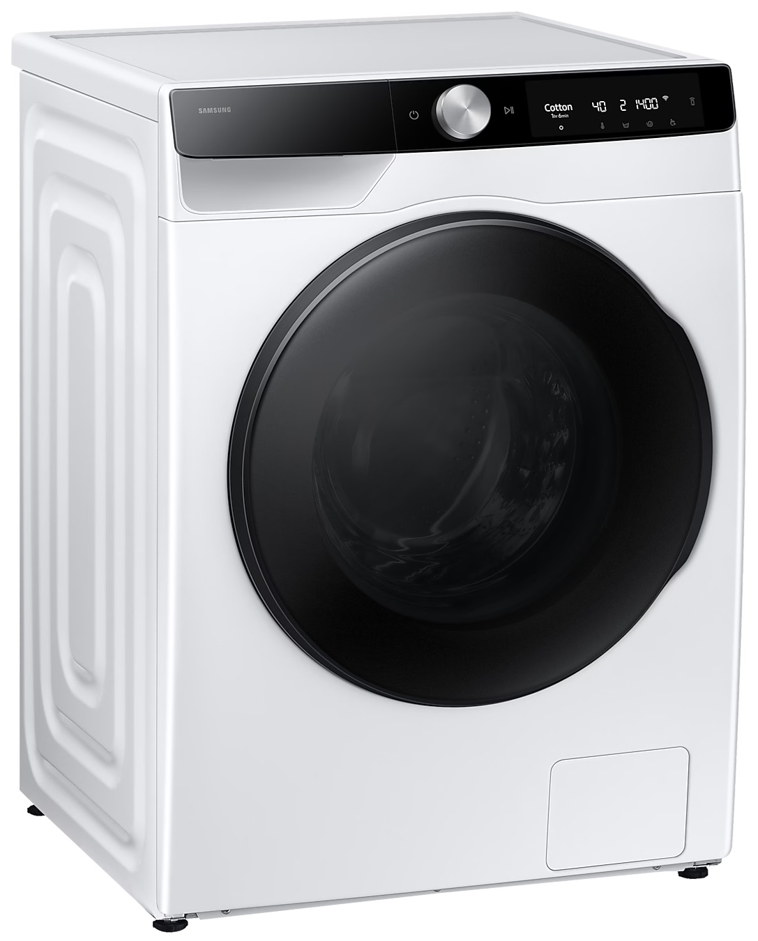 Biała pralka Samsung z czarnymi drzwiami i panelem sterowania.
