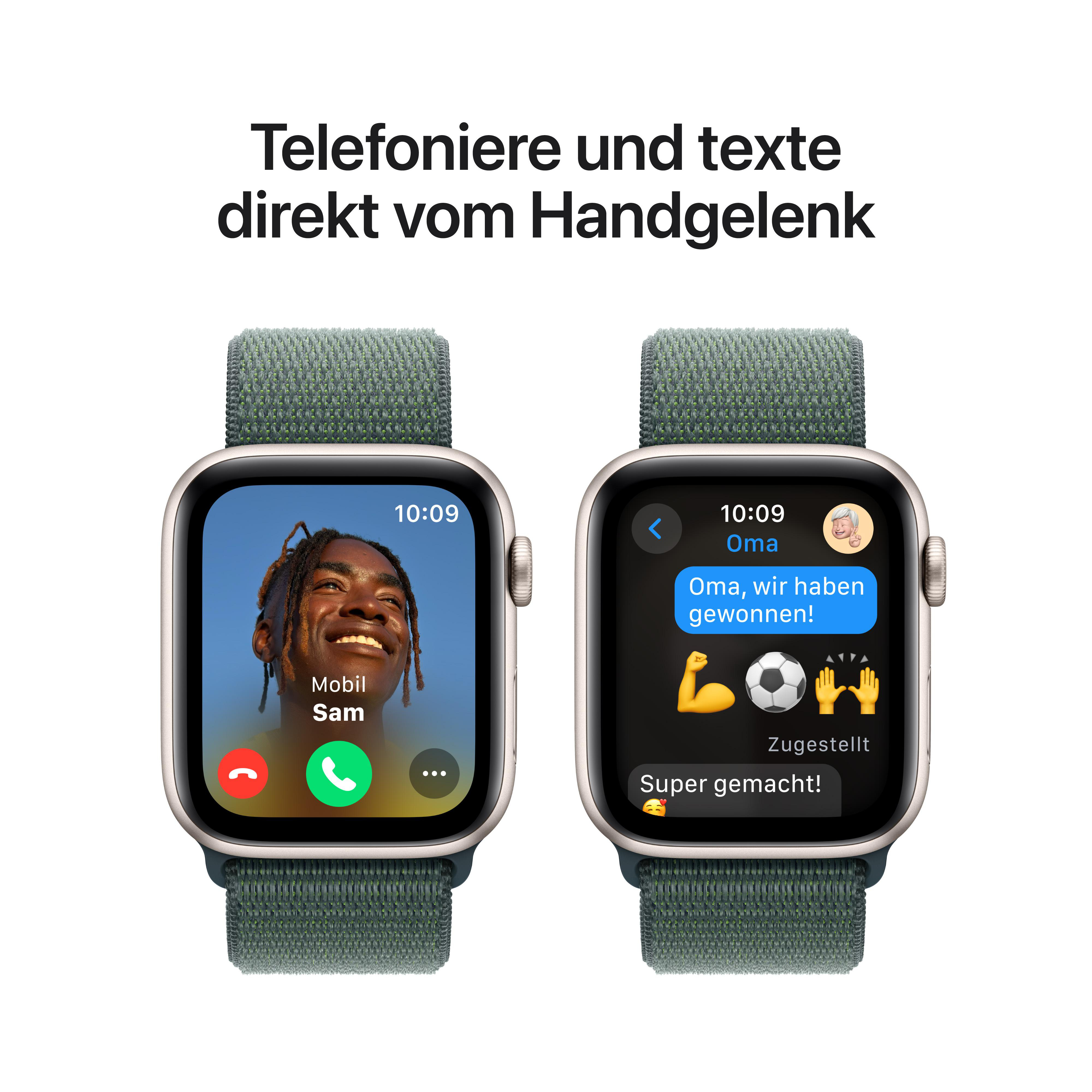 Zwei Apple Watches zeigen Anruf- und Textfunktionen mit Personenbildern.