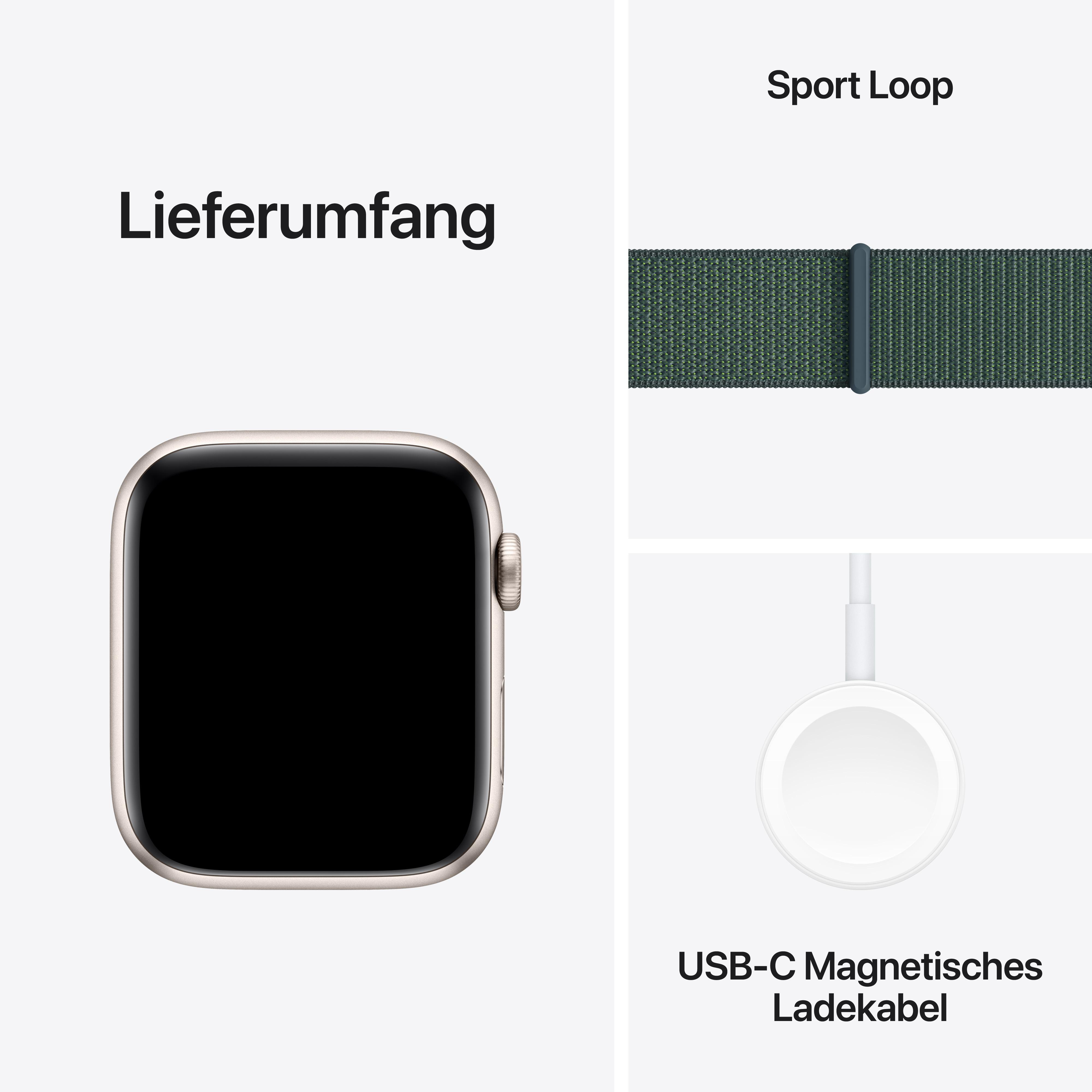 Apple Watch, silbernes Gehäuse, dunkelgrüner Sport Loop und weißes USB-C-Ladekabel und Ladestation.