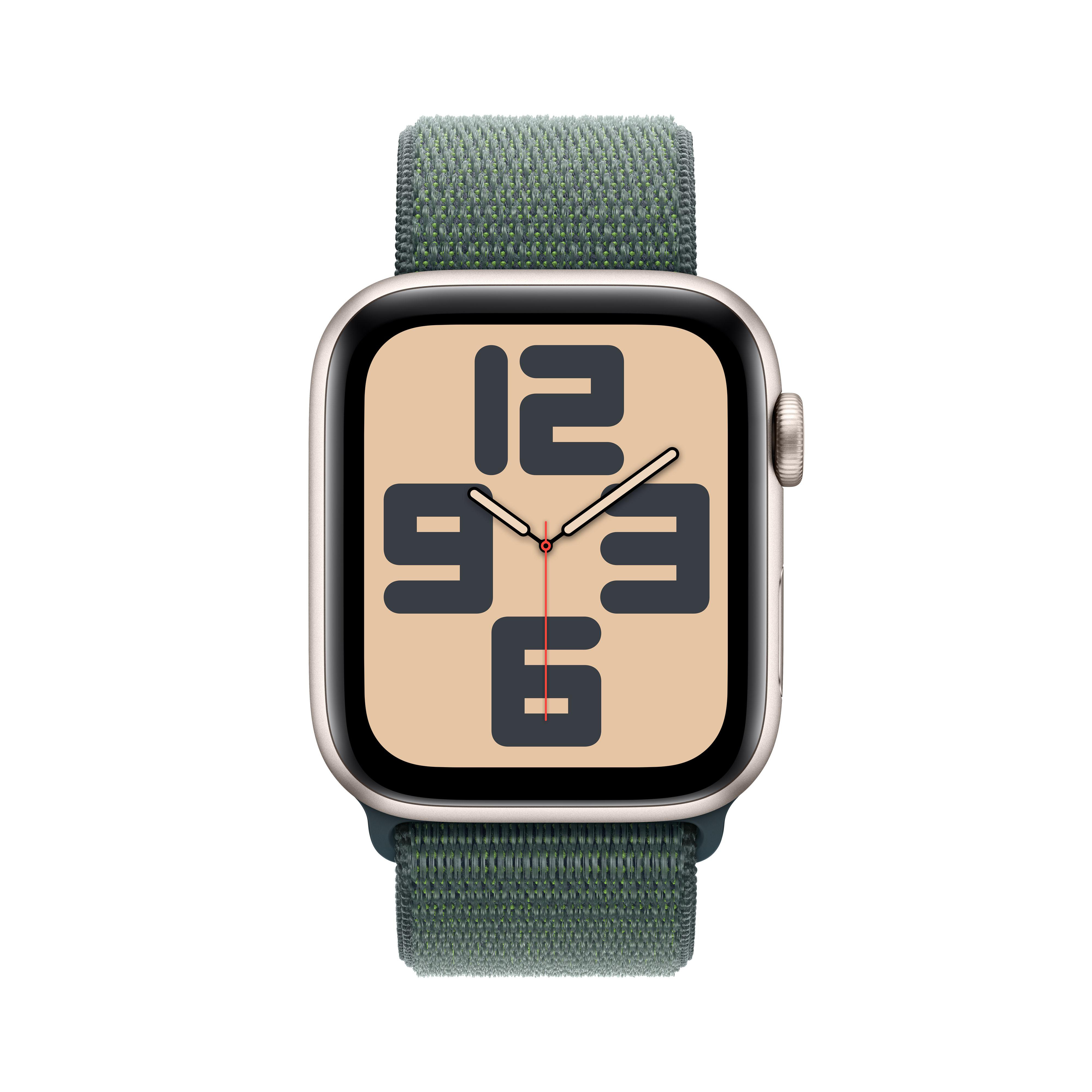 Apple Watch mit grünem Armband, zeigt ein großes Ziffernblatt.