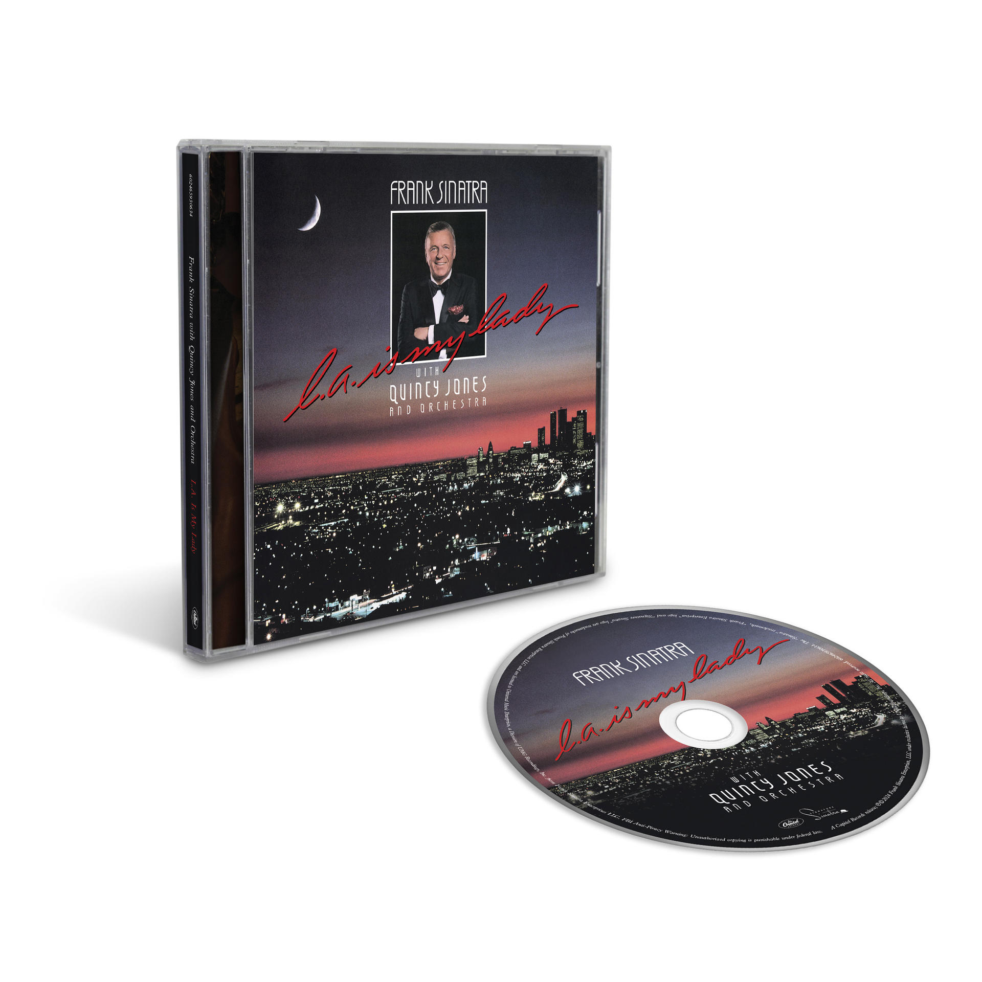 Eine CD-Hülle und eine CD von Frank Sinatras Album, mit Skyline und Sänger.