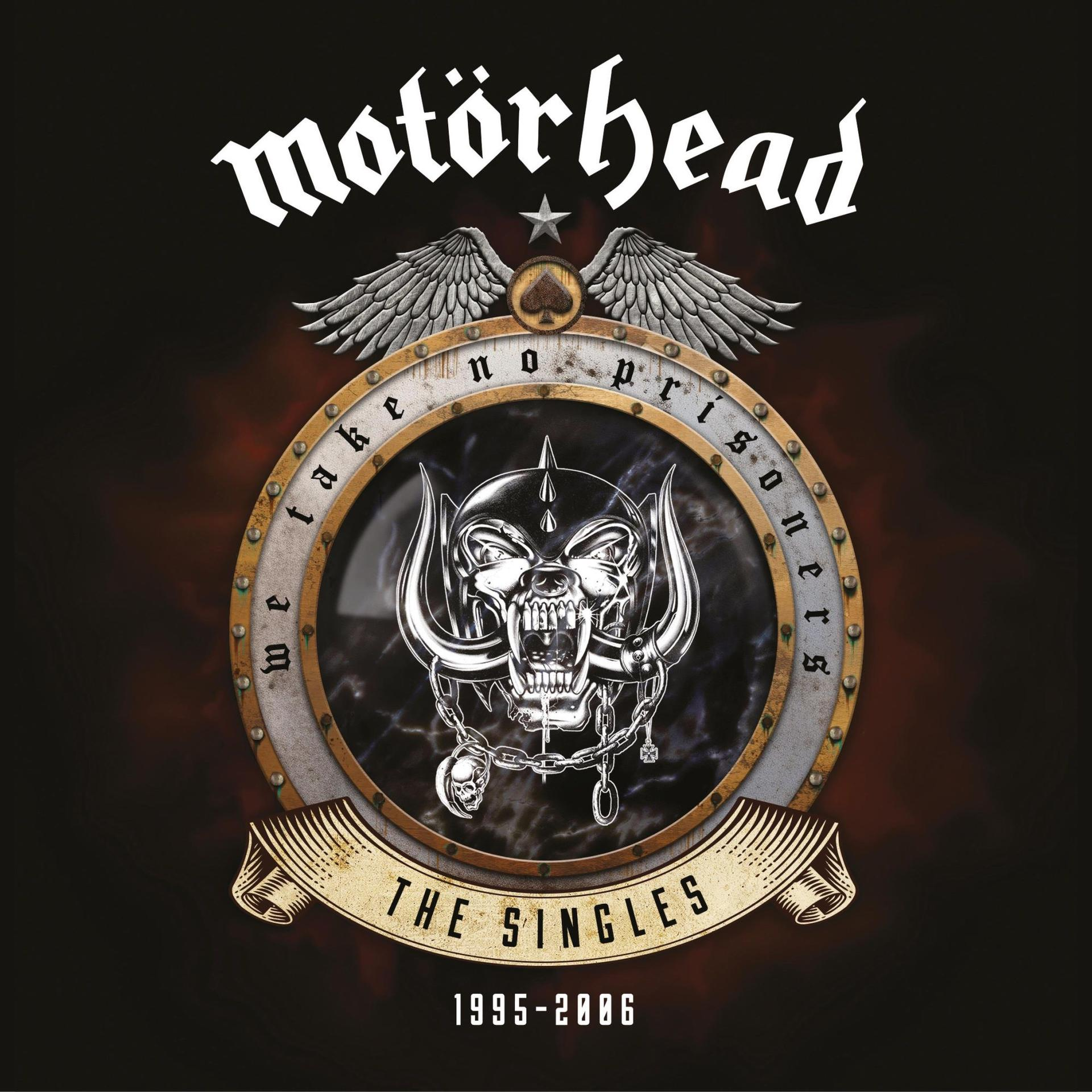 Albumcover mit einem Totenkopf, Flügeln und den Worten 'motorhead take no prisoners' und 'the singles 1995-2006'.