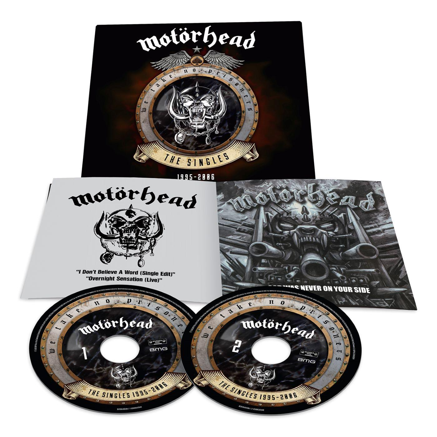 Motörhead-Album-Set mit zwei CDs, Albumcovern und schwarzem Hintergrund.