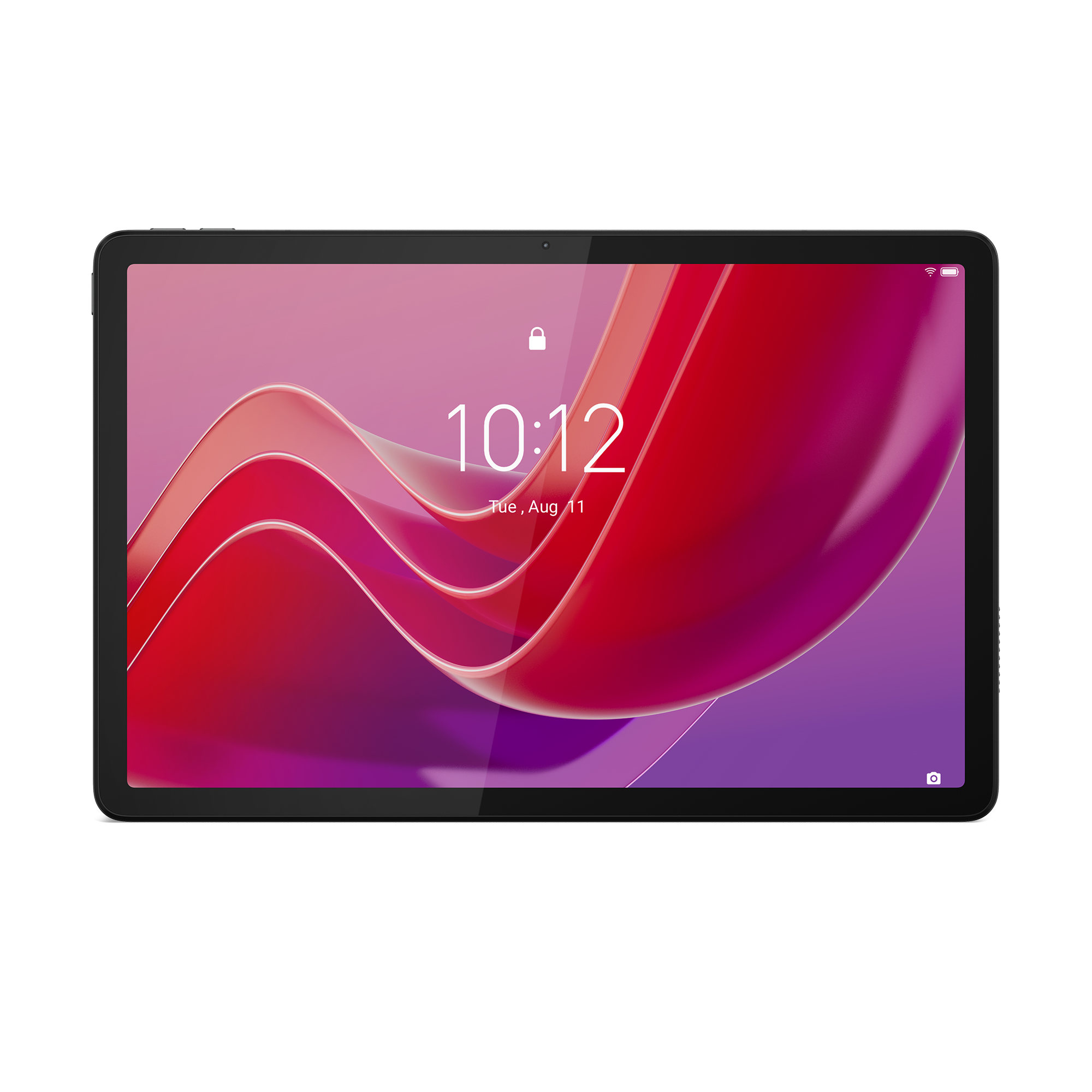 Renkli bir tasarıma ve 10:12 saatine sahip bir ekran gösteren siyah bir tablet. Tabletin ön kamerası var.