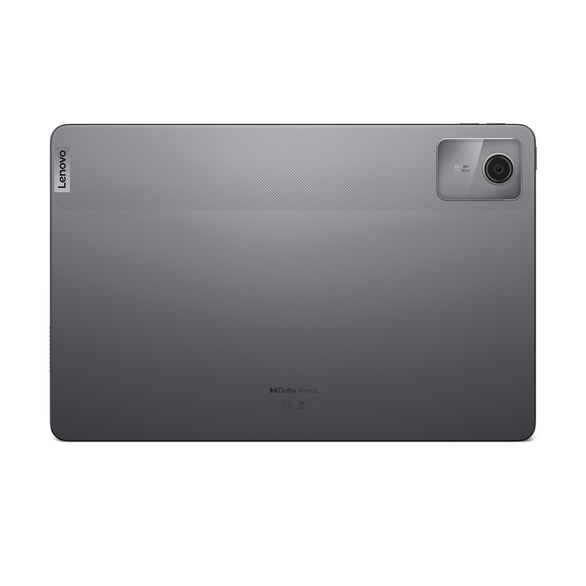 Gri Lenovo tablet arkası. Sağ üst köşede kamera, altta Dolby Atmos ve solda Lenovo markası.