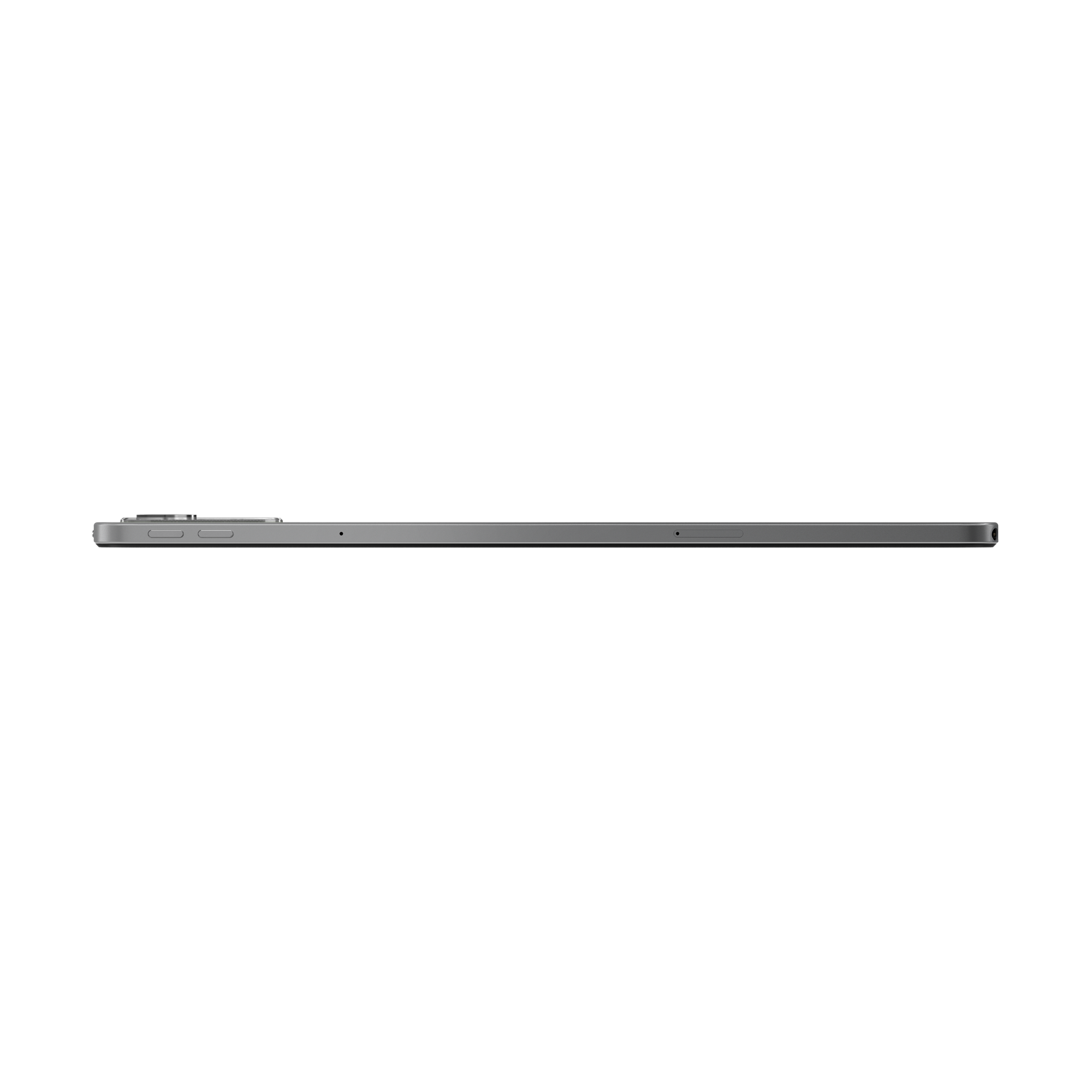 Gri bir tabletin yan görünümü. Tablet siyah bir arka plan üzerinde.