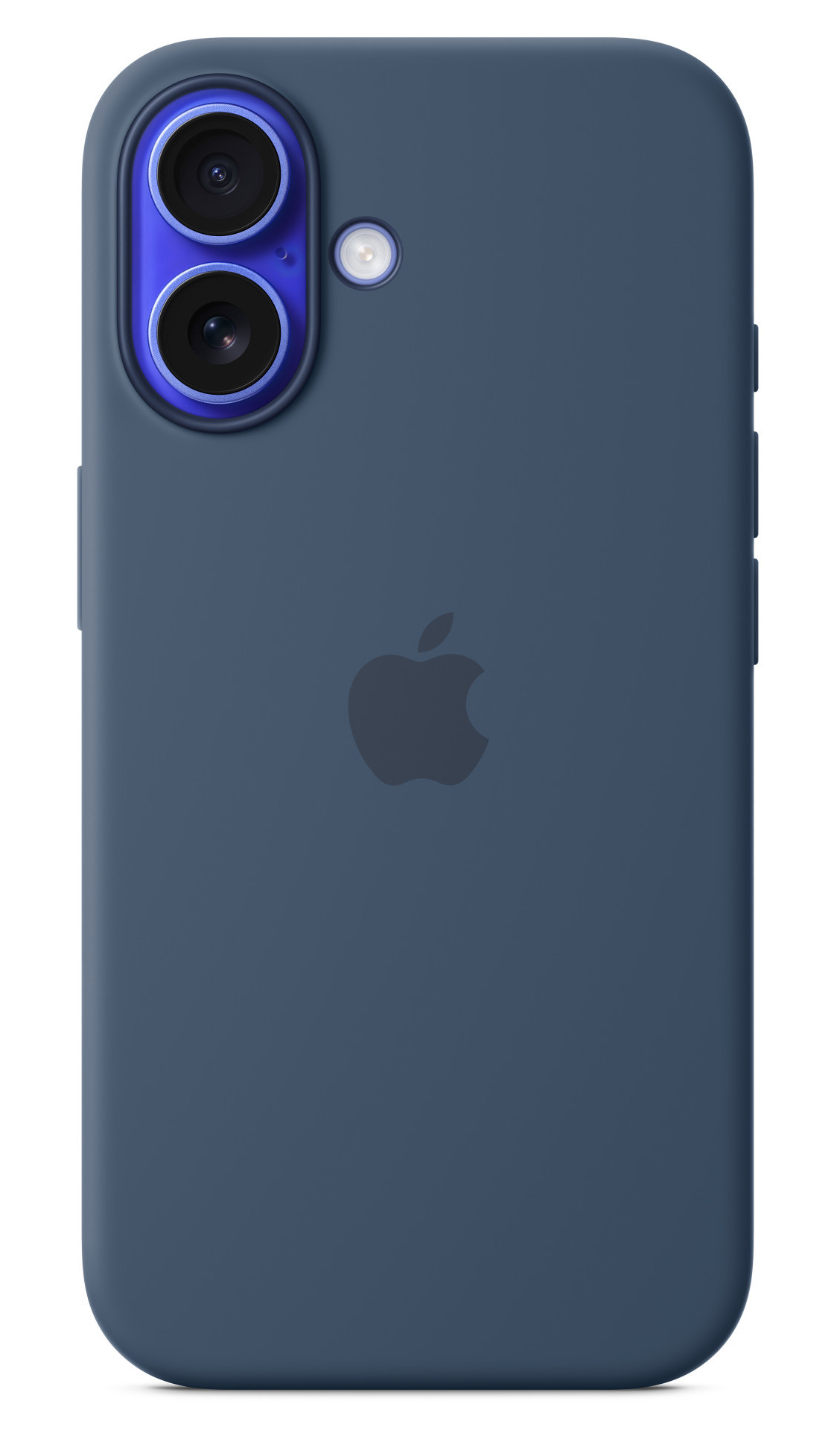 Niebieskie etui na telefon z logo Apple i dwoma obiektywami aparatu na górze.