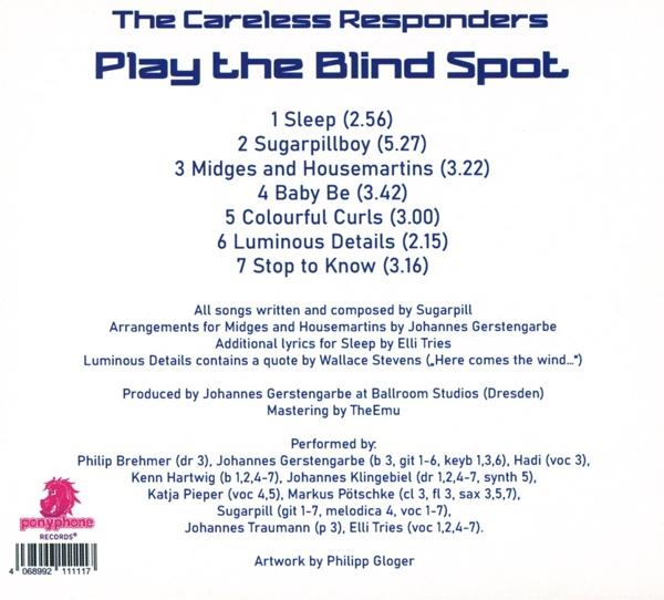 Die Rückseite einer CD-Hülle mit dem Titel "Play the Blind Spot" und Credits.