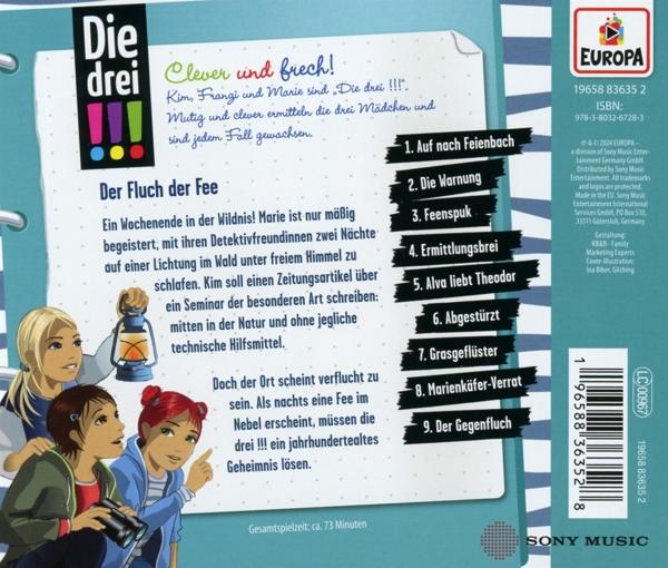 Rückseite eines Buches mit Text und Illustrationen mit drei Mädchen.