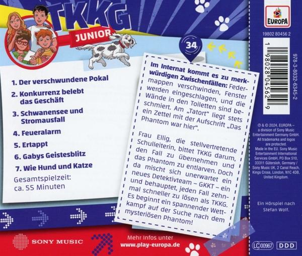 Rückseite eines Buches mit Text und Bildern. Text: TKKG Junior. Ein Hund ist im Bild.