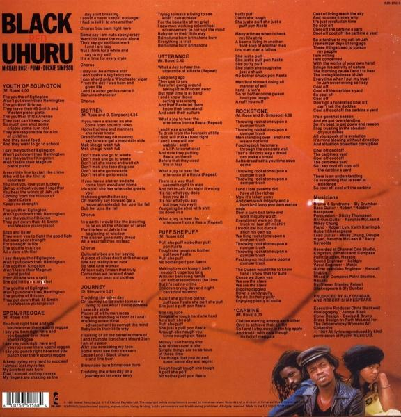 Schwarzes Uhuru-Albumcover mit Text und Grafik in Rot und Schwarz.