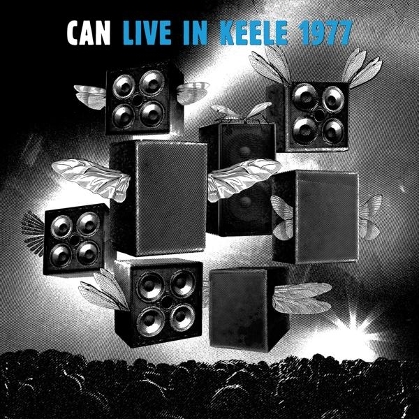 Albumcover mit Lautsprechern mit Flügeln, in Schwarzweiß, mit dem Titel 'CAN LIVE IN KEELE 1977'.