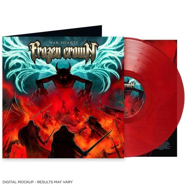 Eine rote Vinyl-Schallplatte mit einem Cover mit Dämon und Kriegern.