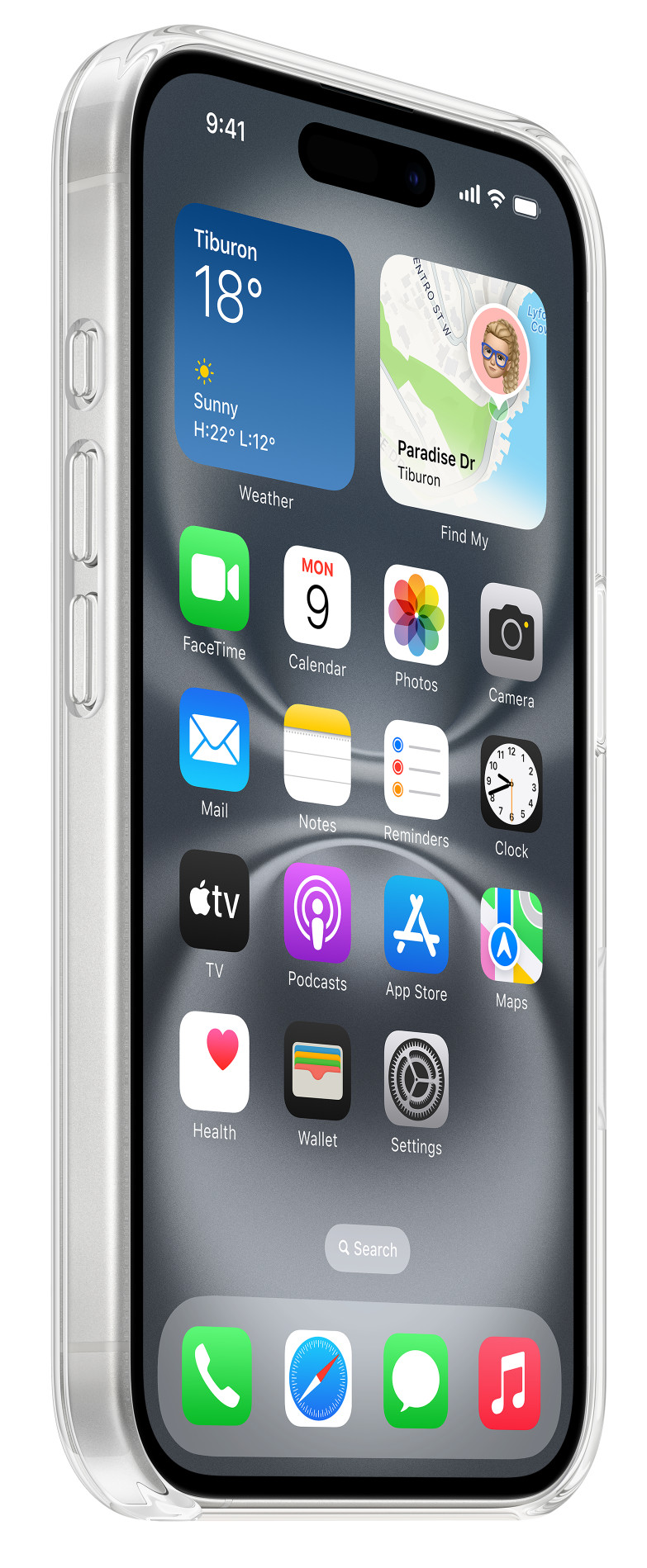 iPhone átlátszó tokkal, a kezdőképernyőt mutatja különböző alkalmazásikonokkal.