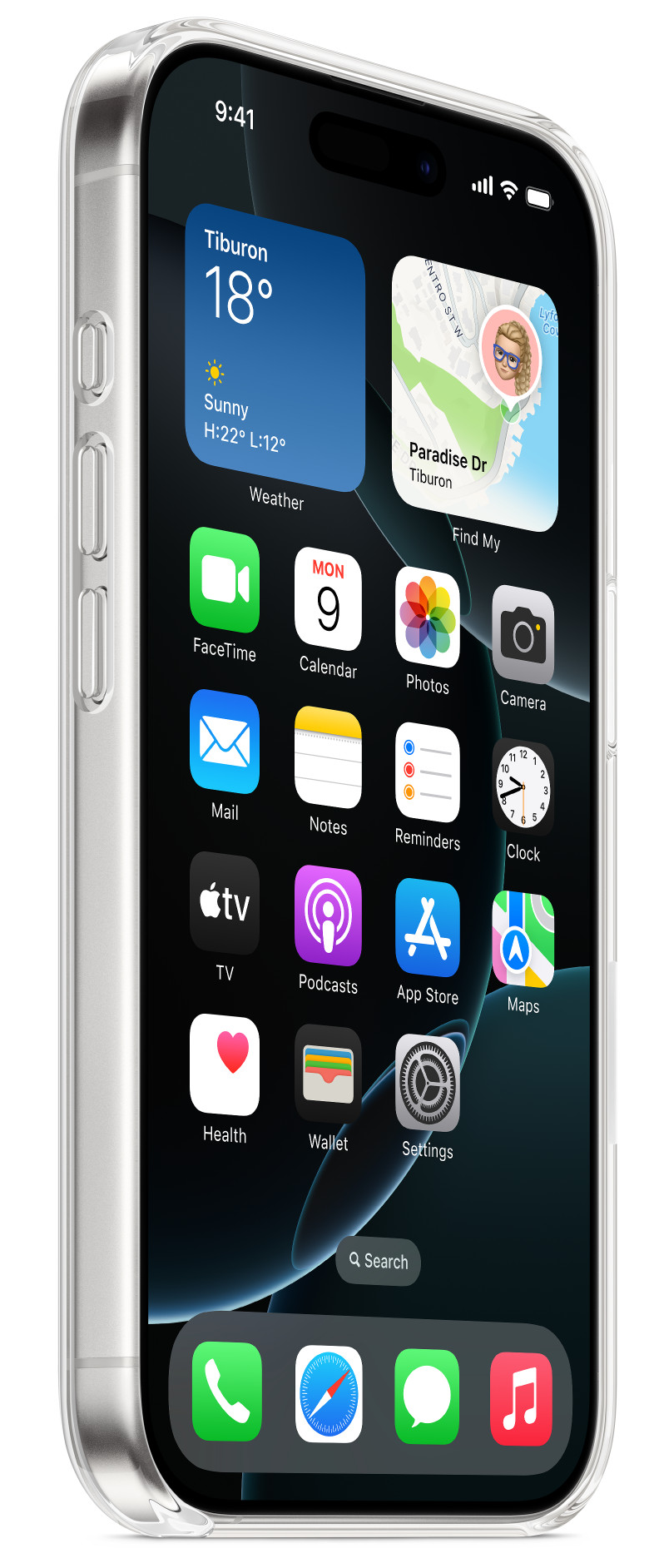 Egy ezüst iPhone, amely alkalmazásikonokat jelenít meg a képernyőn, szögben tartva a kijelzőt.