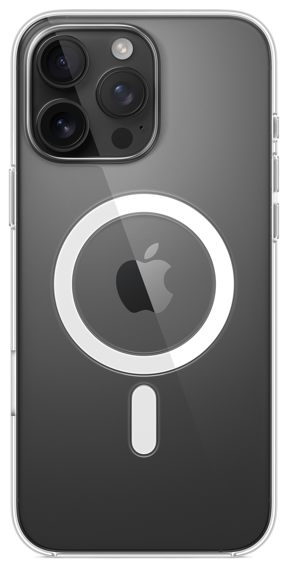Átlátszó telefontok Apple logóval, egy telefon hátulját mutatja.