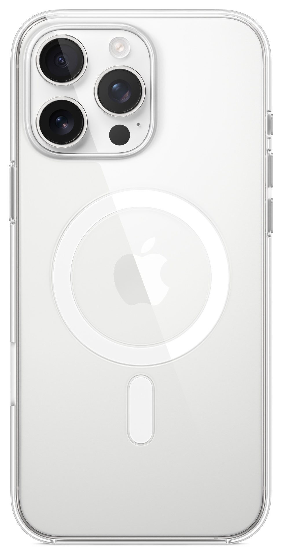 Átlátszó iPhone tok, a telefon hátulját mutatja a MagSafe körrel.