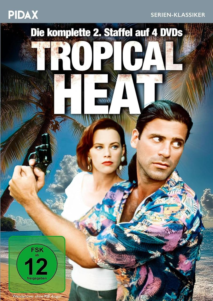 DVD-Cover: Tropical Heat, Mann mit Pistole, Frau, Palmen, Strandszene. Deutscher Text.