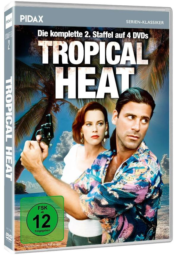 DVD-Hülle für die TV-Serie 'Tropical Heat' mit Schauspielern und tropischer Strandszene.