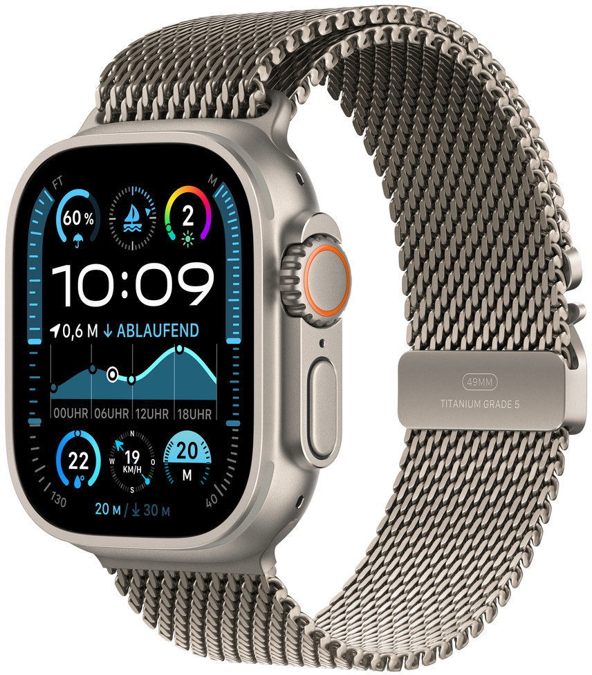 Eine silberne Apple Watch mit Metallband, die Zeit und andere Metriken anzeigt.
