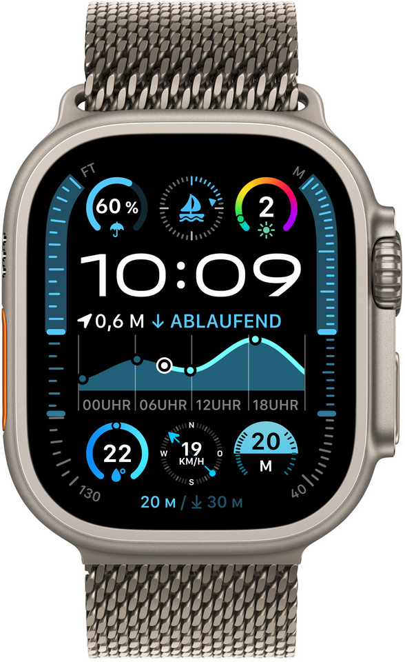 Silberne Apple Watch Ultra mit Metallband, Anzeige von Zeit und Gesundheitsdaten.