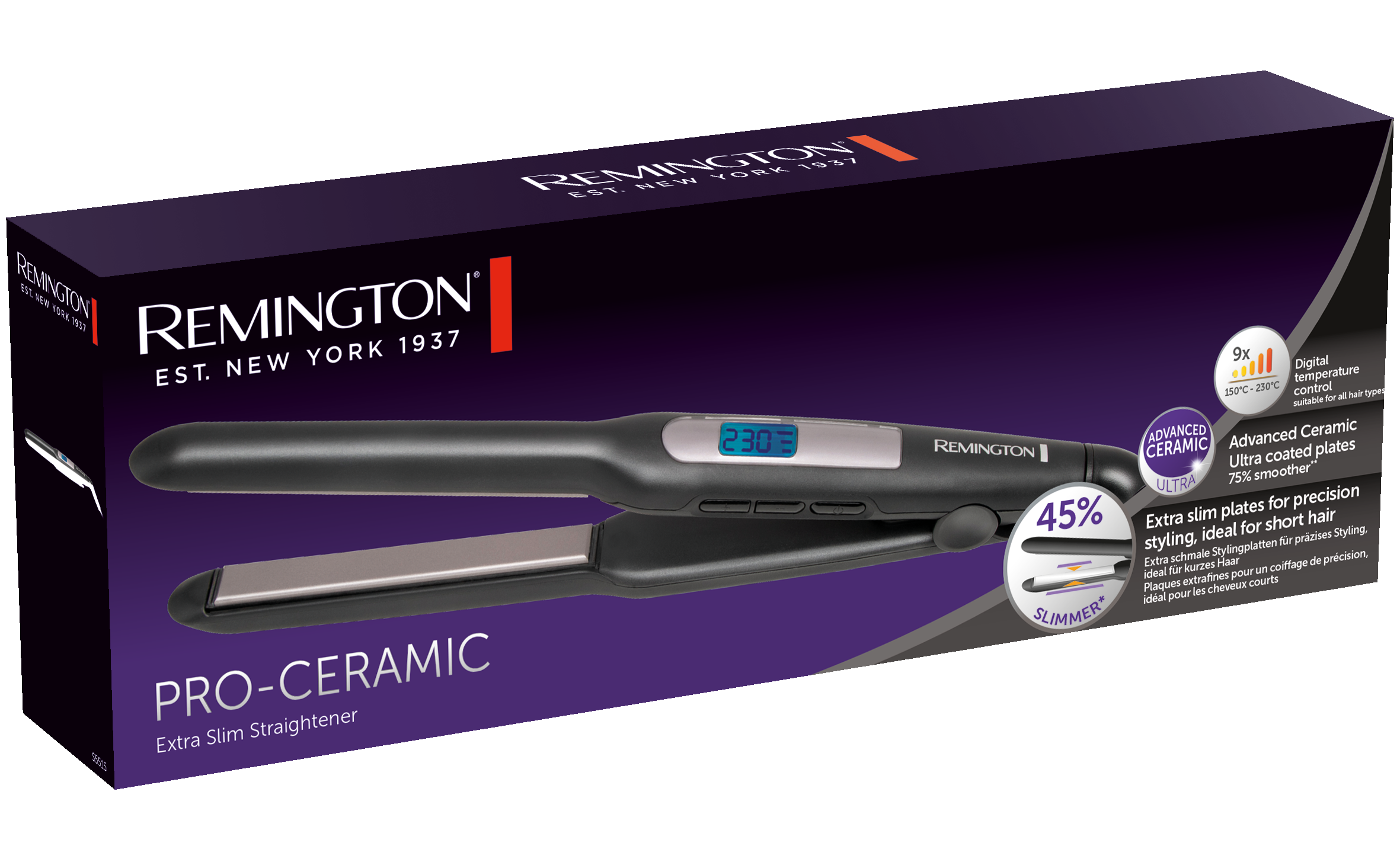 Schwarzer Remington Pro-Ceramic extra schlanker Glätter in der Box mit Text und Bildern.
