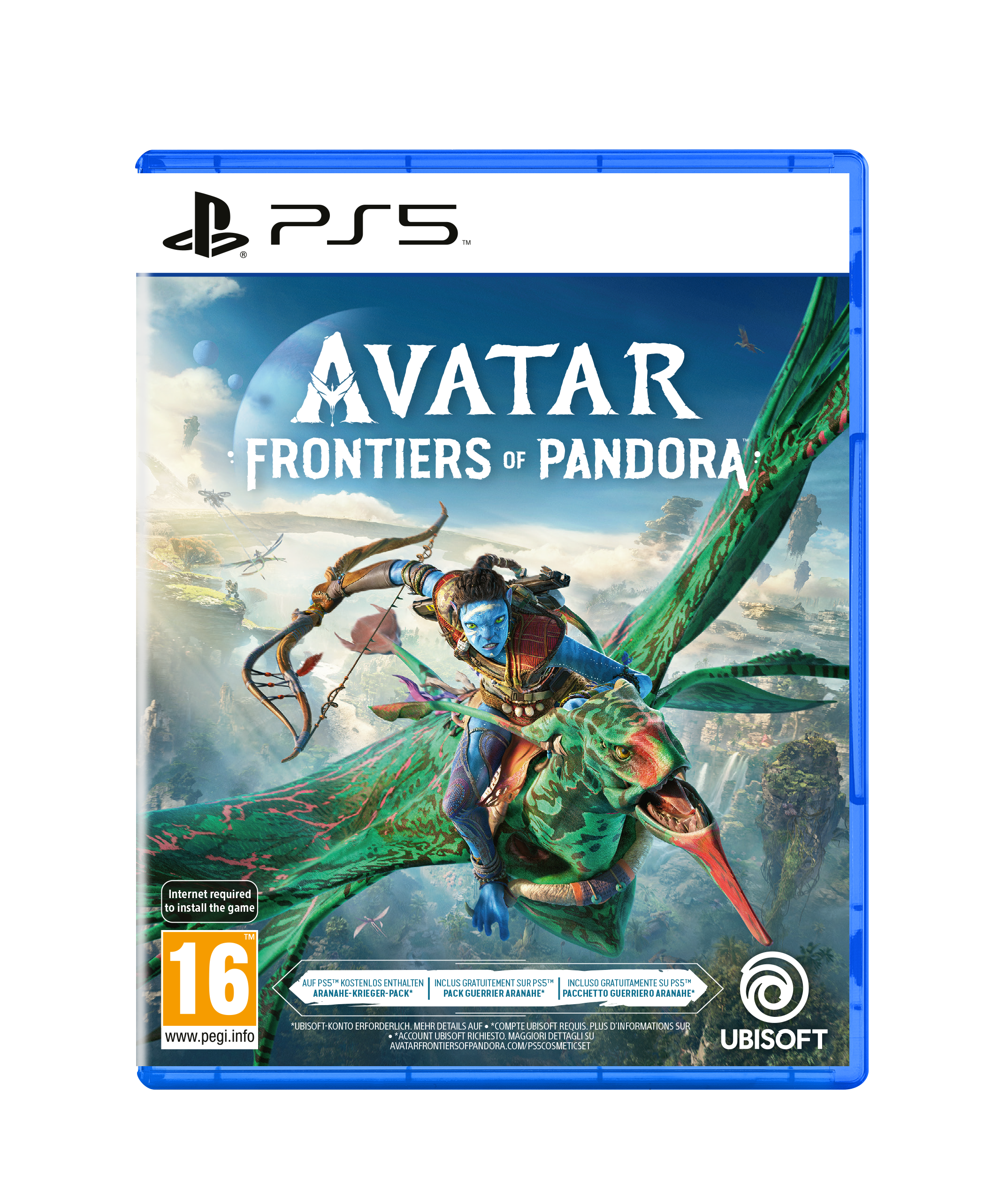 PS5-Spielbox für Avatar: Frontiers of Pandora. Enthält einen Na'vi-Charakter, der auf einem Wesen reitet. Blaue und grüne Farben.