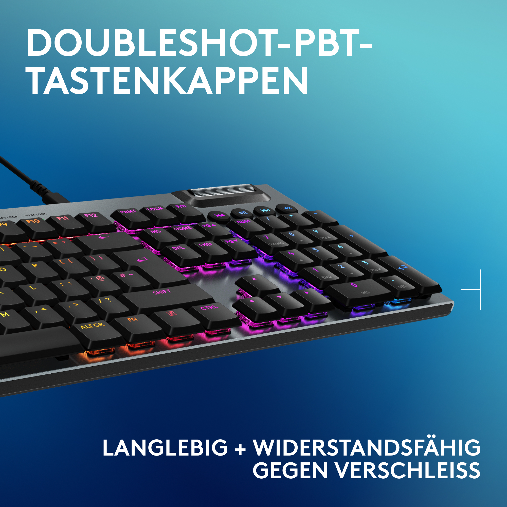 Eine schwarze Tastatur. Die Tasten sind schwarz und haben RGB-Lichter.