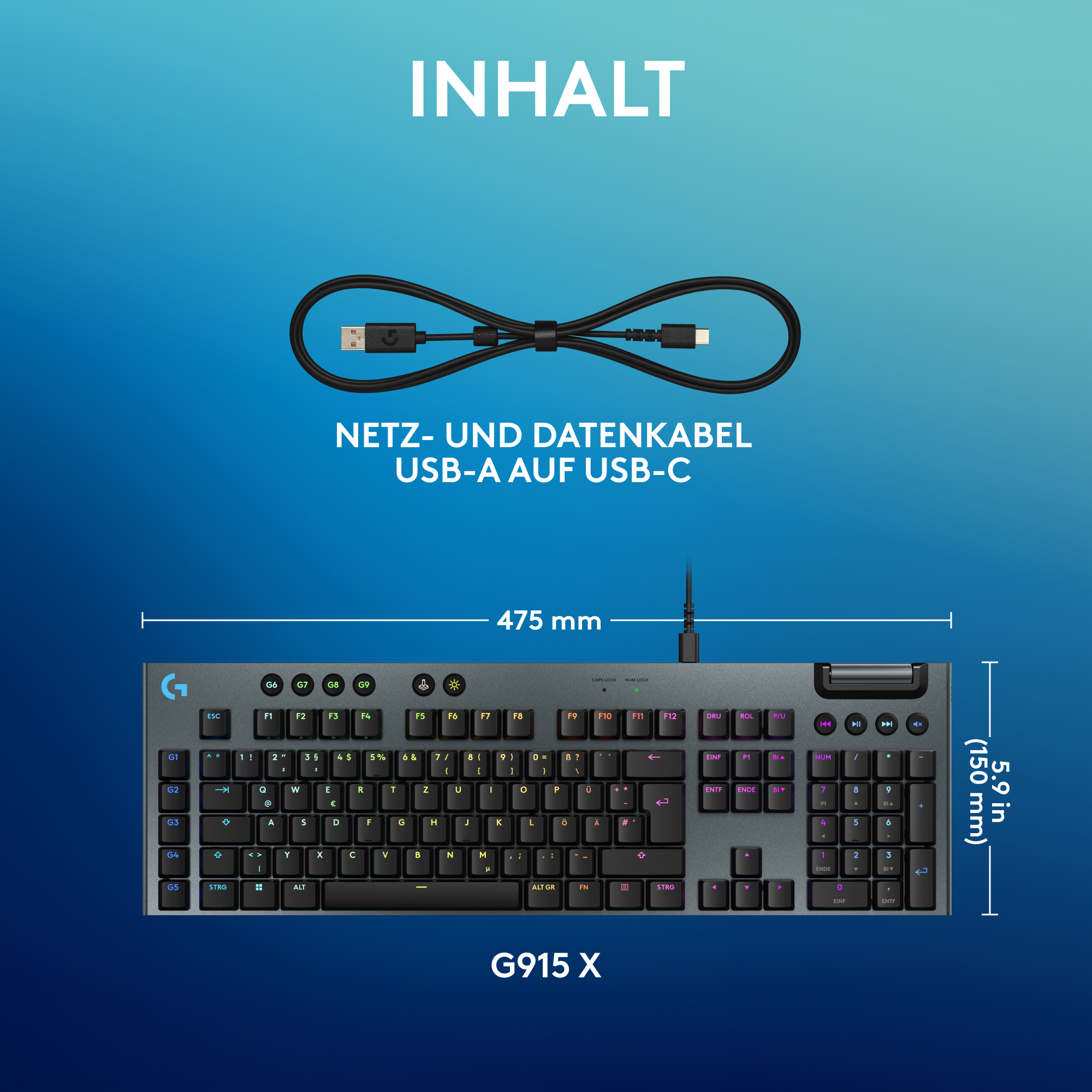 Schwarze Tastatur mit weißen Tasten und einem Kabel darüber, mit dem Text 'NETZ- UND DATENKABEL USB-A AUF USB-C'.
