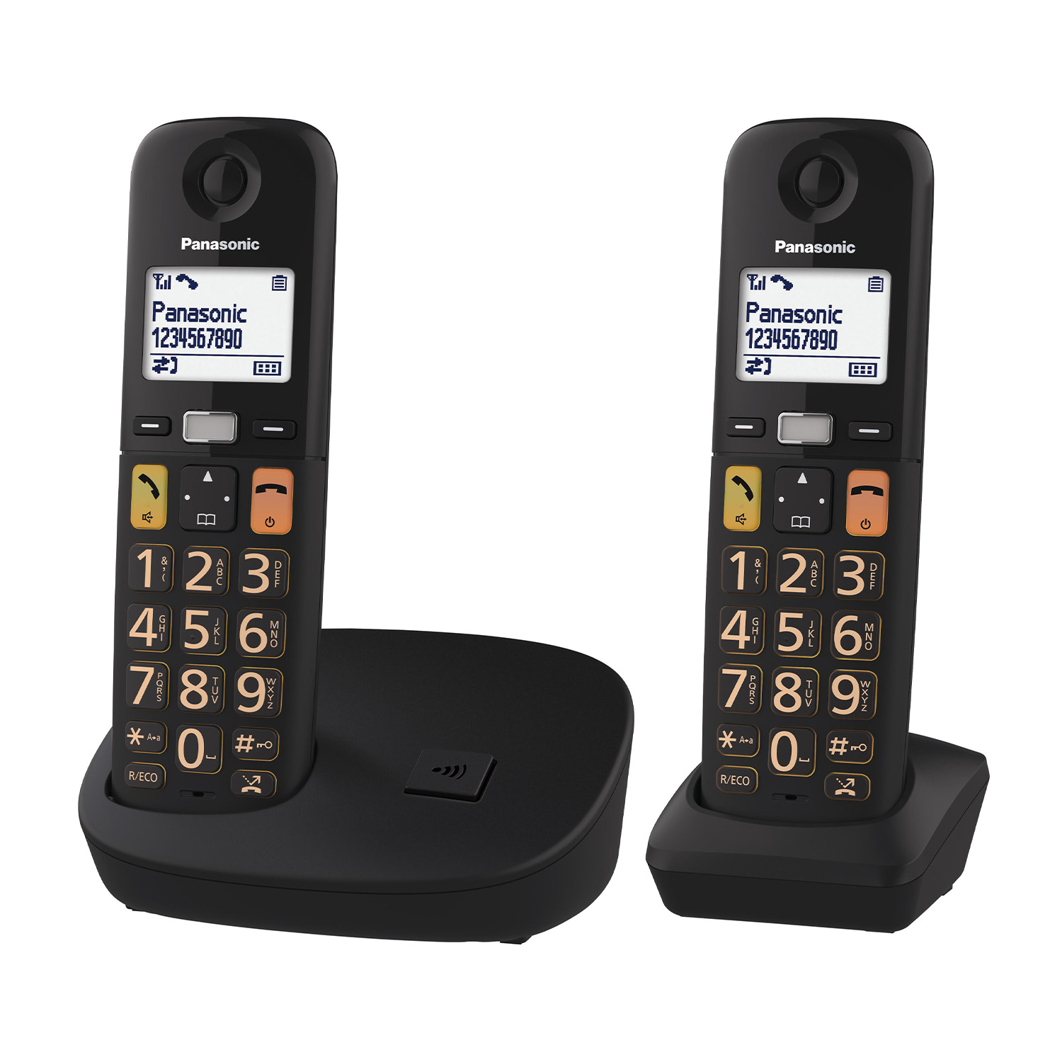 Due telefoni cordless Panasonic neri sulle loro basi di ricarica, sfondo bianco.