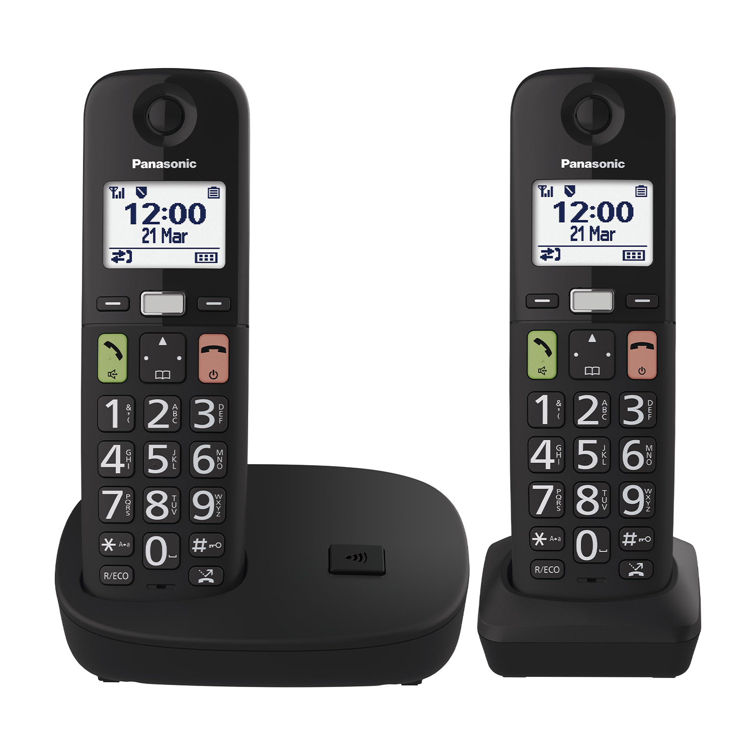 Due telefoni cordless Panasonic neri e la loro base di ricarica. I telefoni mostrano l'ora e la data.