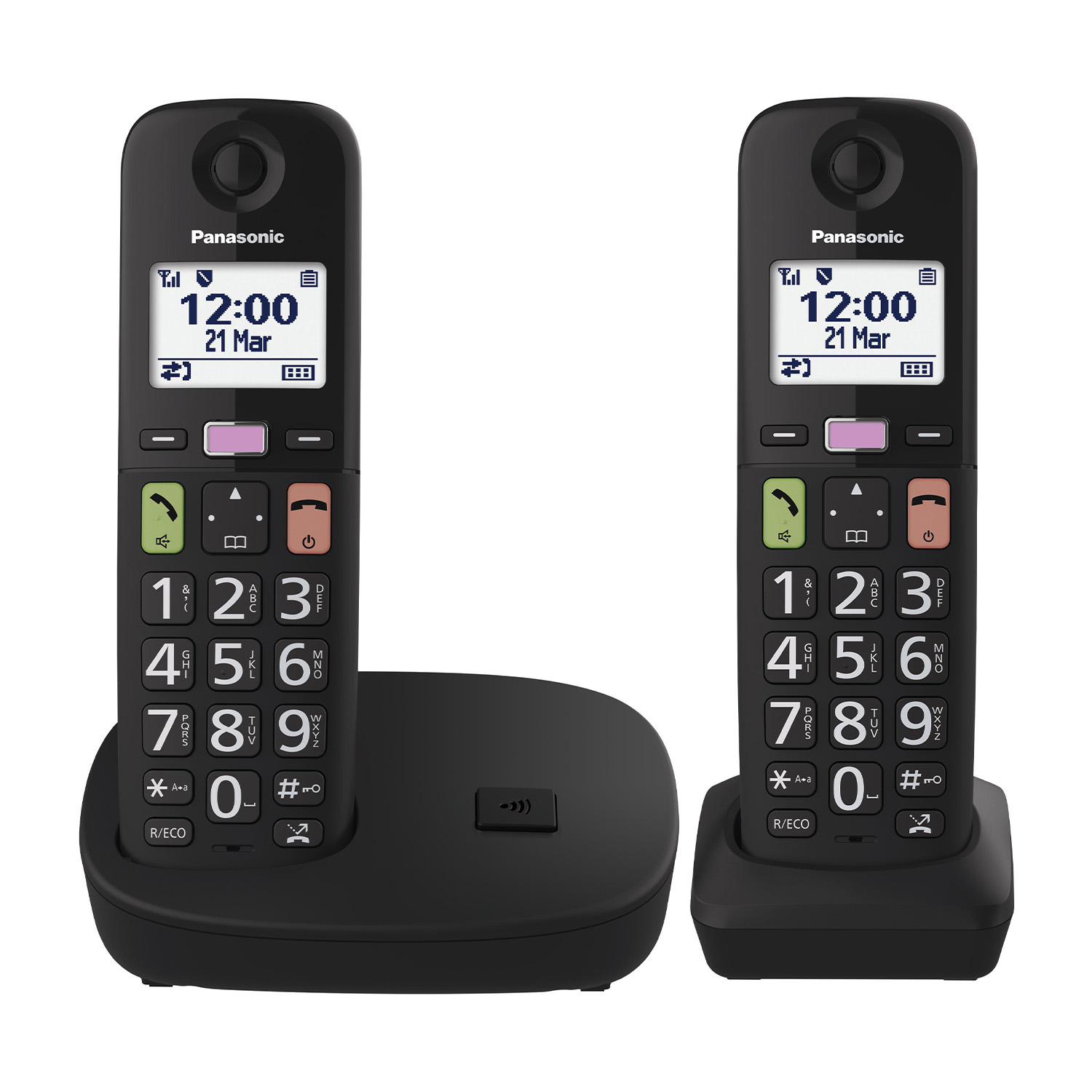 Due telefoni cordless neri e una base di ricarica, su sfondo bianco.