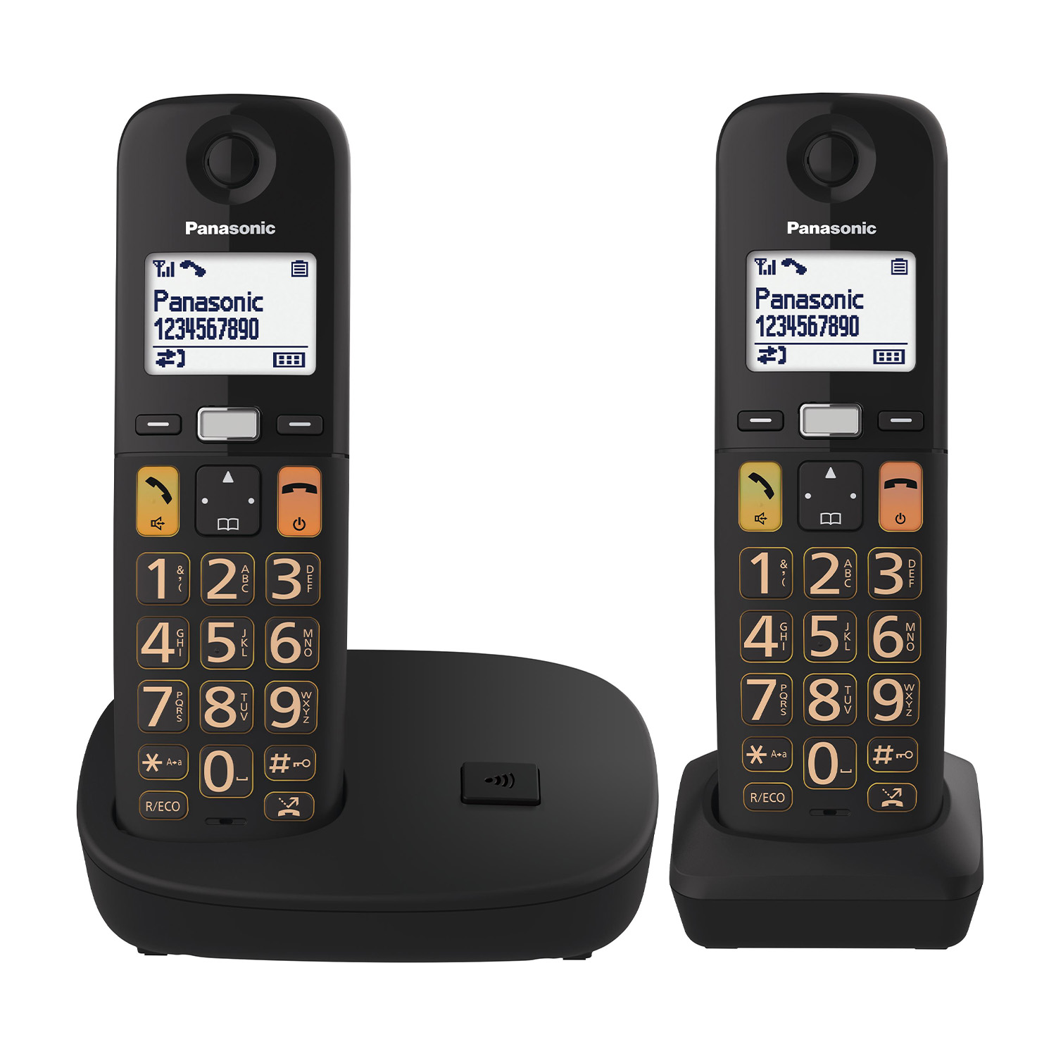 Due telefoni cordless Panasonic neri su una base.