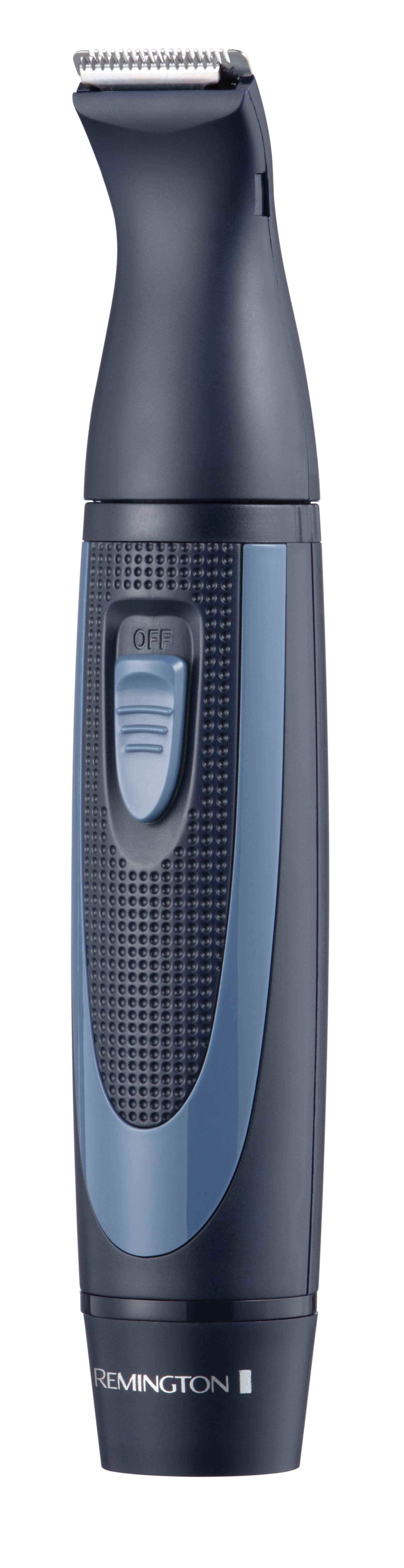Ein marineblau-hellblauer Remington Trimmer. Er hat eine 'OFF'-Taste und ein geschwungenes Design.