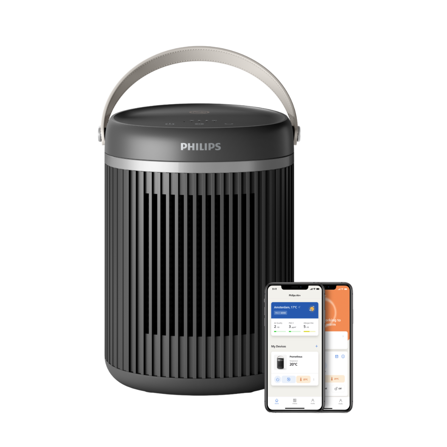 Black and gray Philips Air Purifier with app interface on phones.