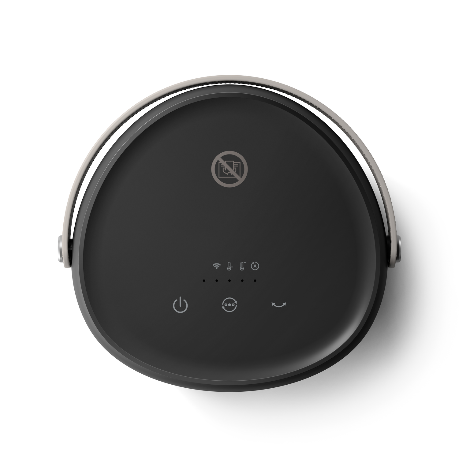 Black smart home device, top view. Has power button and touch controls. White background.
