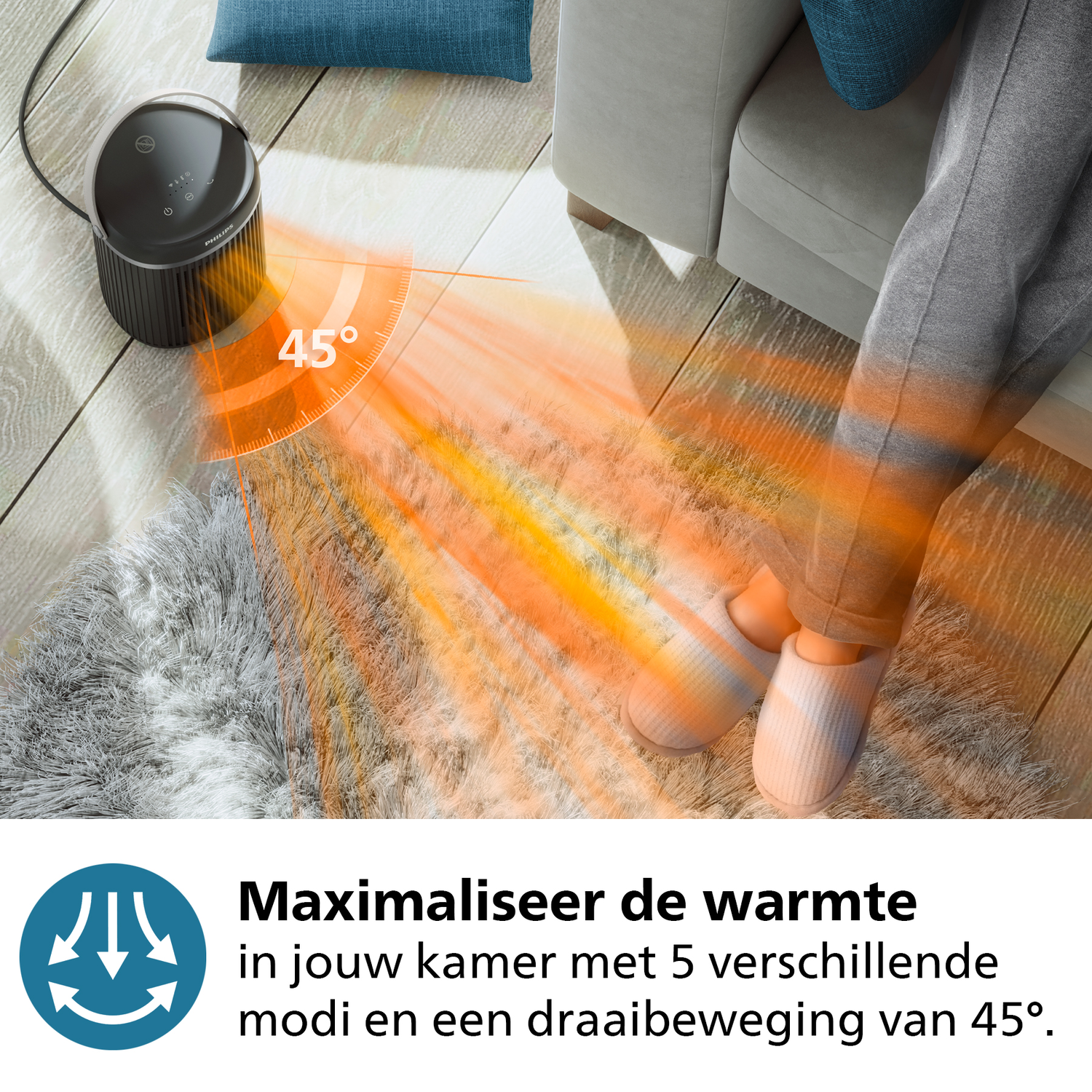 A room with a heater emitting heat. A person is wearing slippers.
