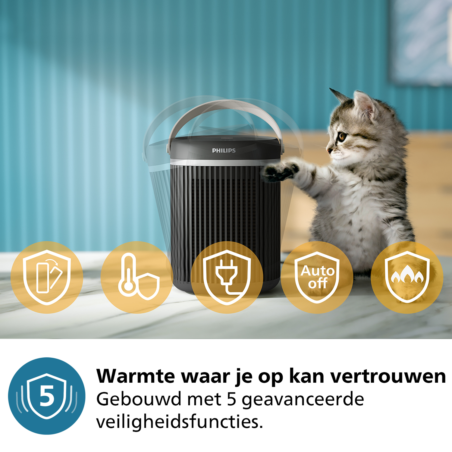 Black Philips heater with a carrying handle. Cat reaching out towards the heater. Several safety icons around.