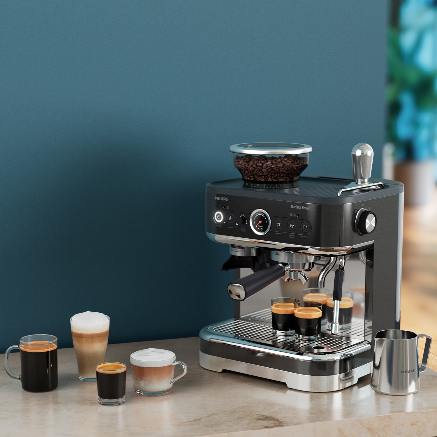 Espresso machine with coffee cups, milk pitcher, and beans, on a marble counter.