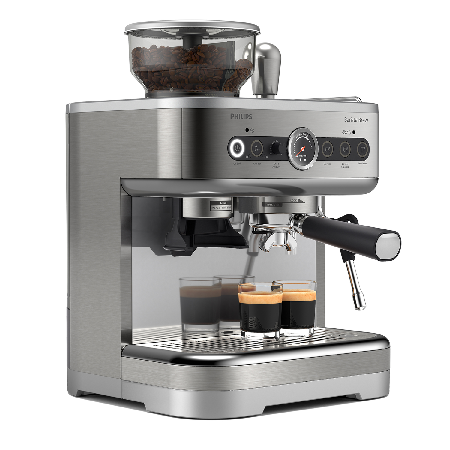 A stainless steel Philips espresso machine with a bean hopper and two espresso cups.