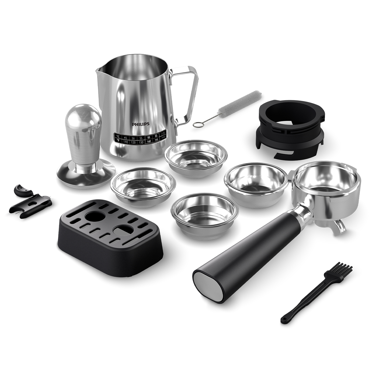 Coffee making set with various stainless steel components, including a pitcher and portafilter.